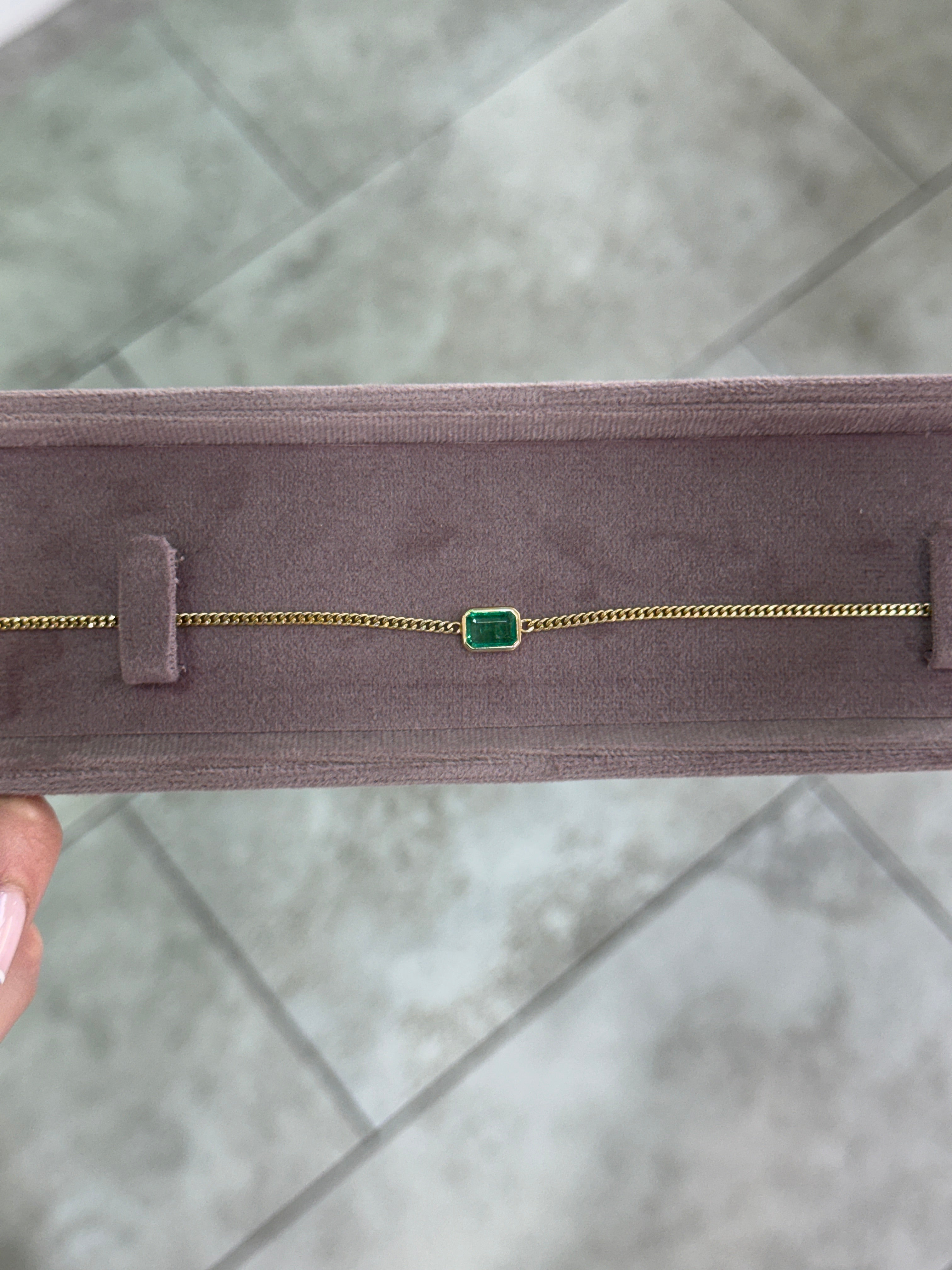 1.19ct 14K Bezel Set Emerald Cut Emerald Curb Chain Bracelet