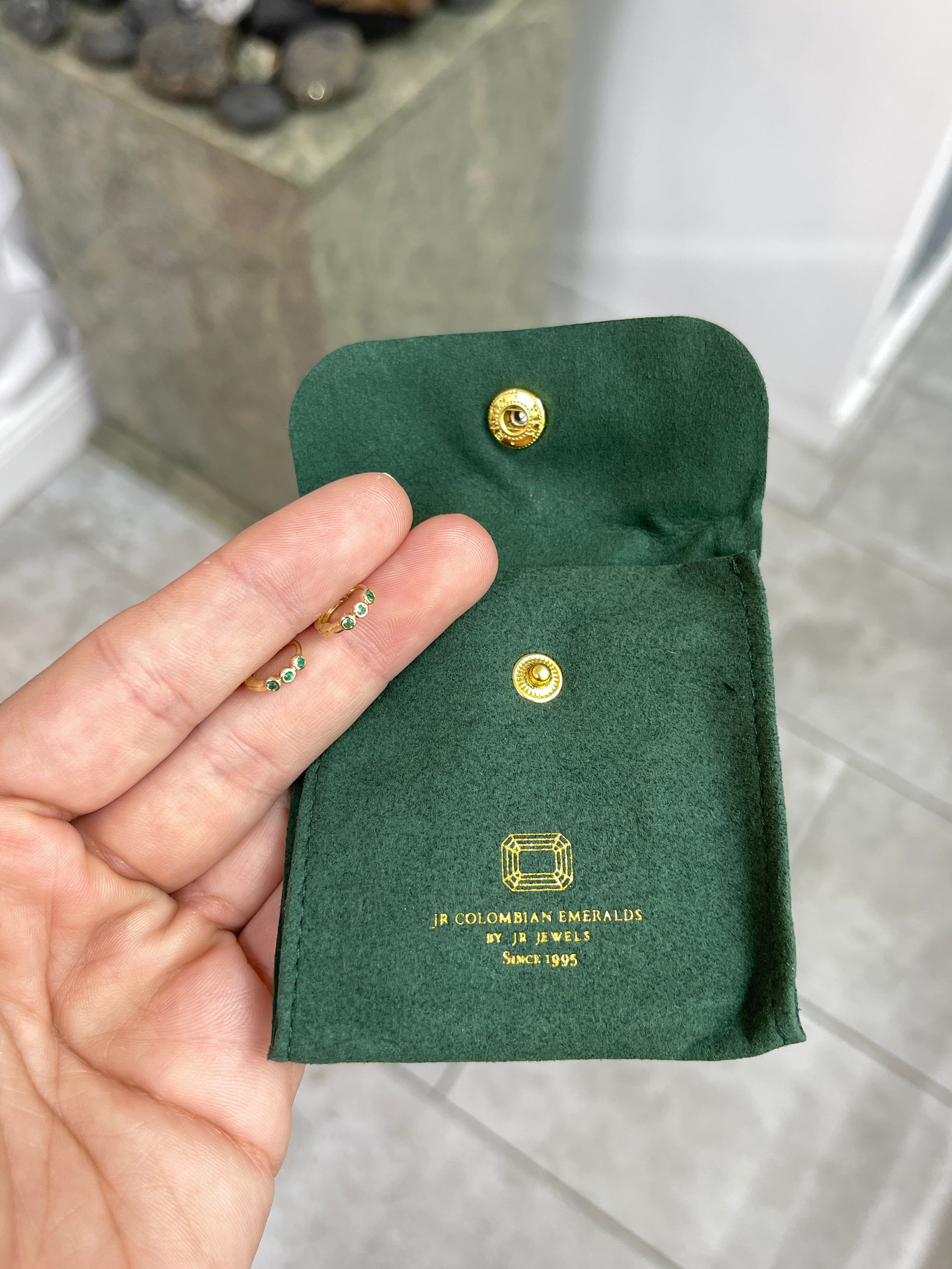 Mini Bezel Set Emerald Huggie Hoop Earrings 14K - JR Colombian Emeralds