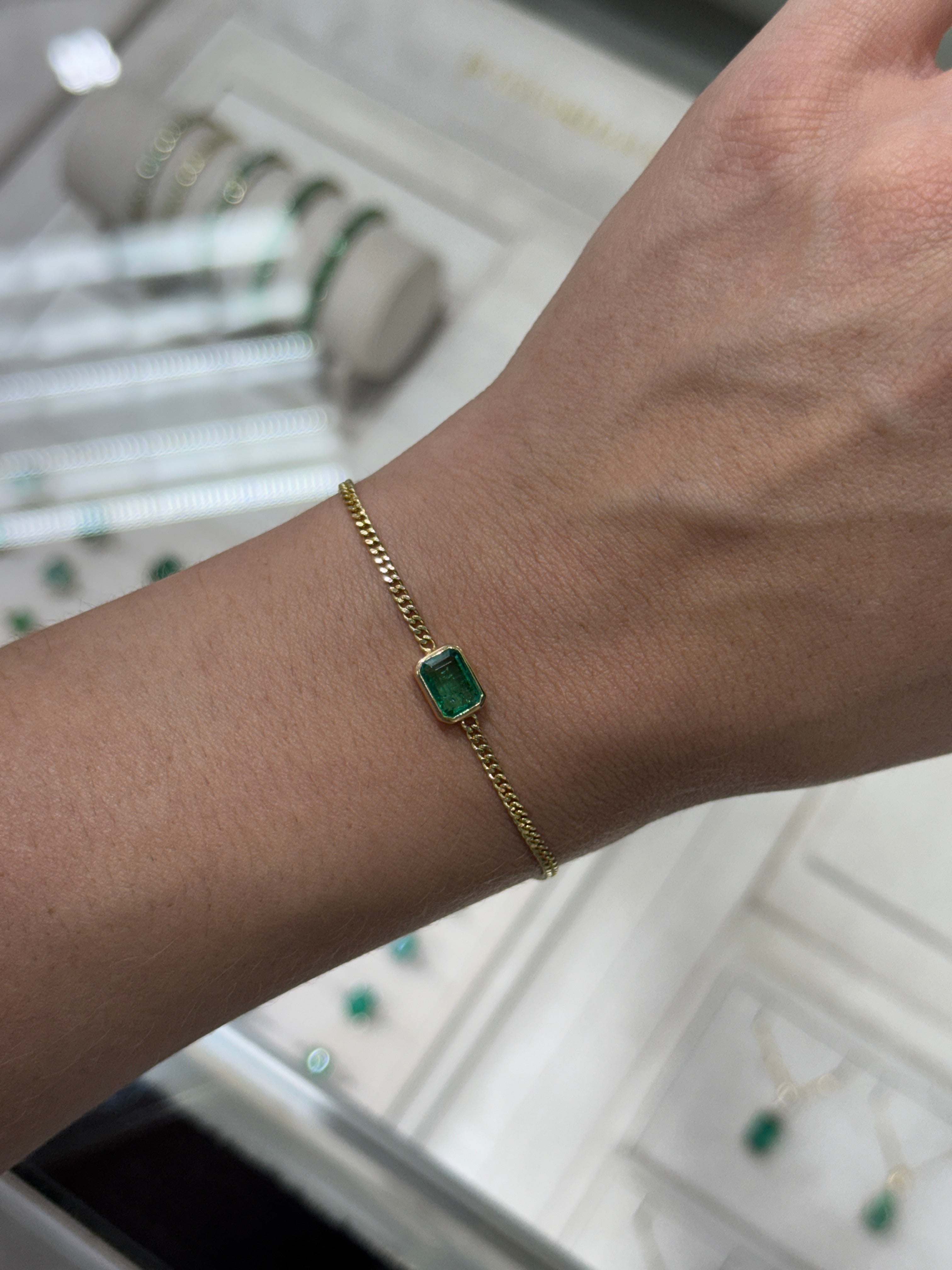 1.19ct 14K Bezel Set Emerald Cut Emerald Curb Chain Bracelet