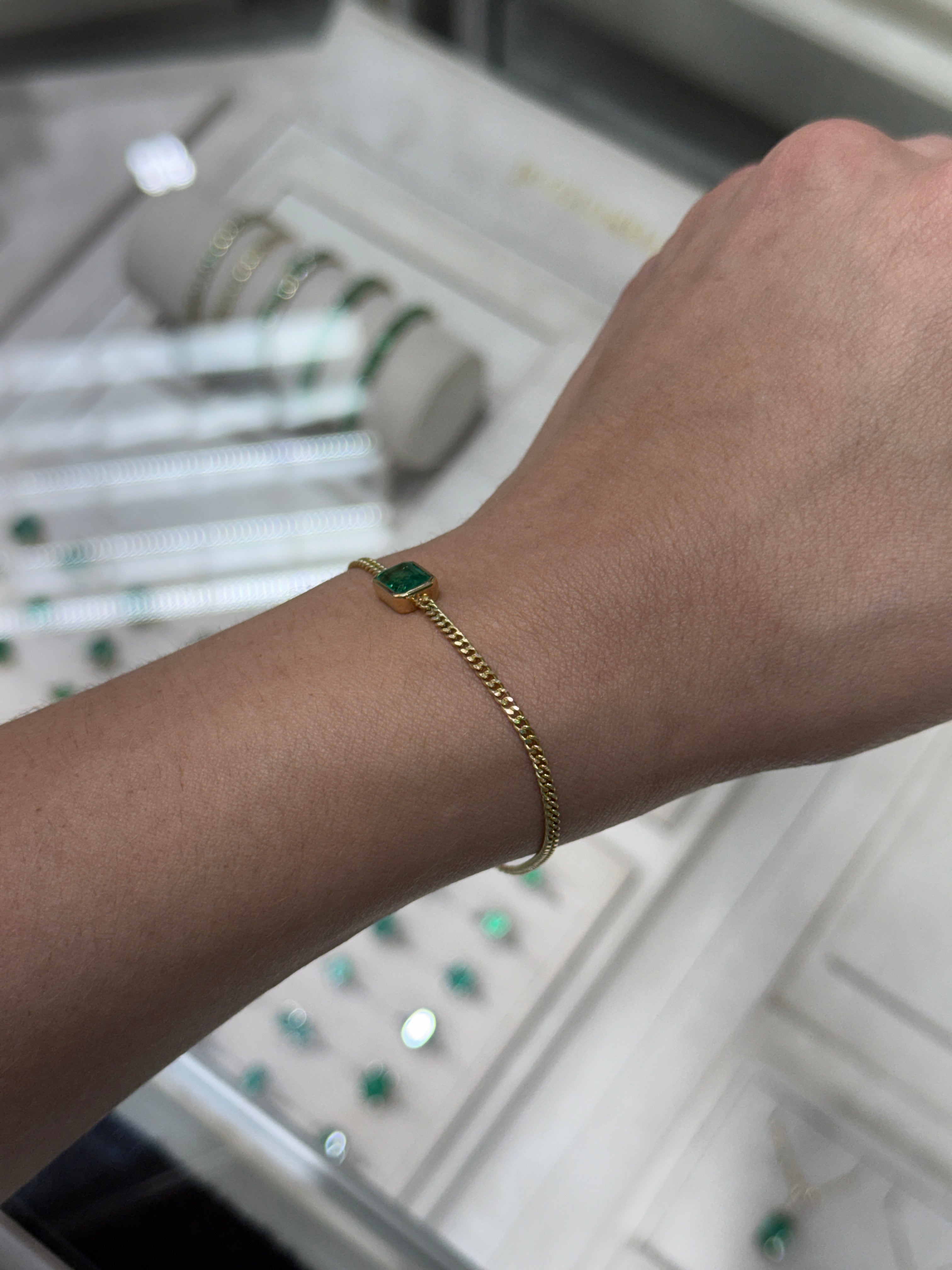 1.19ct 14K Bezel Set Emerald Cut Emerald Curb Chain Bracelet