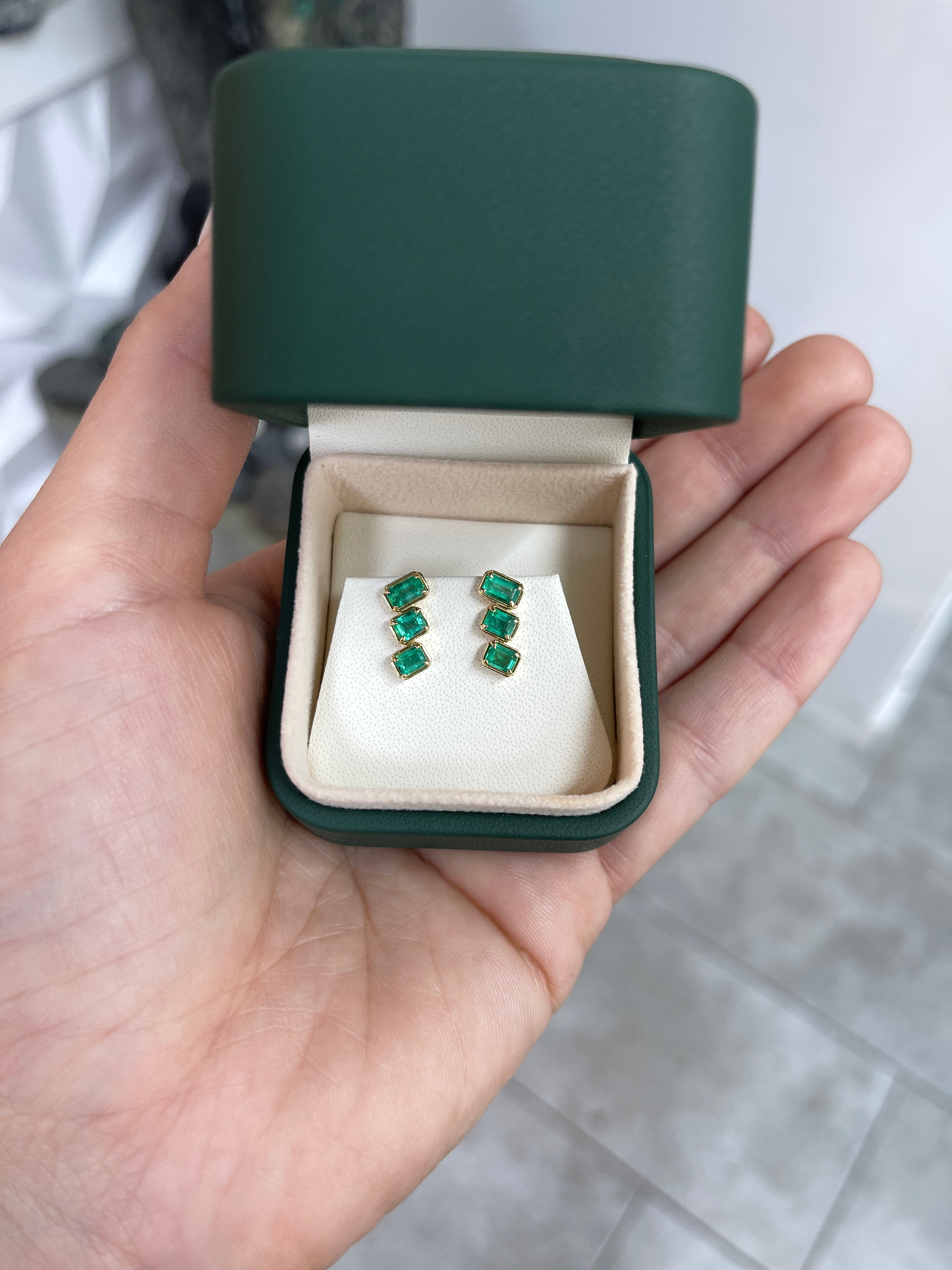 1.54tcw Emerald Cut Emerald Staircase Stud Earrings 14K - JR Colombian Emeralds