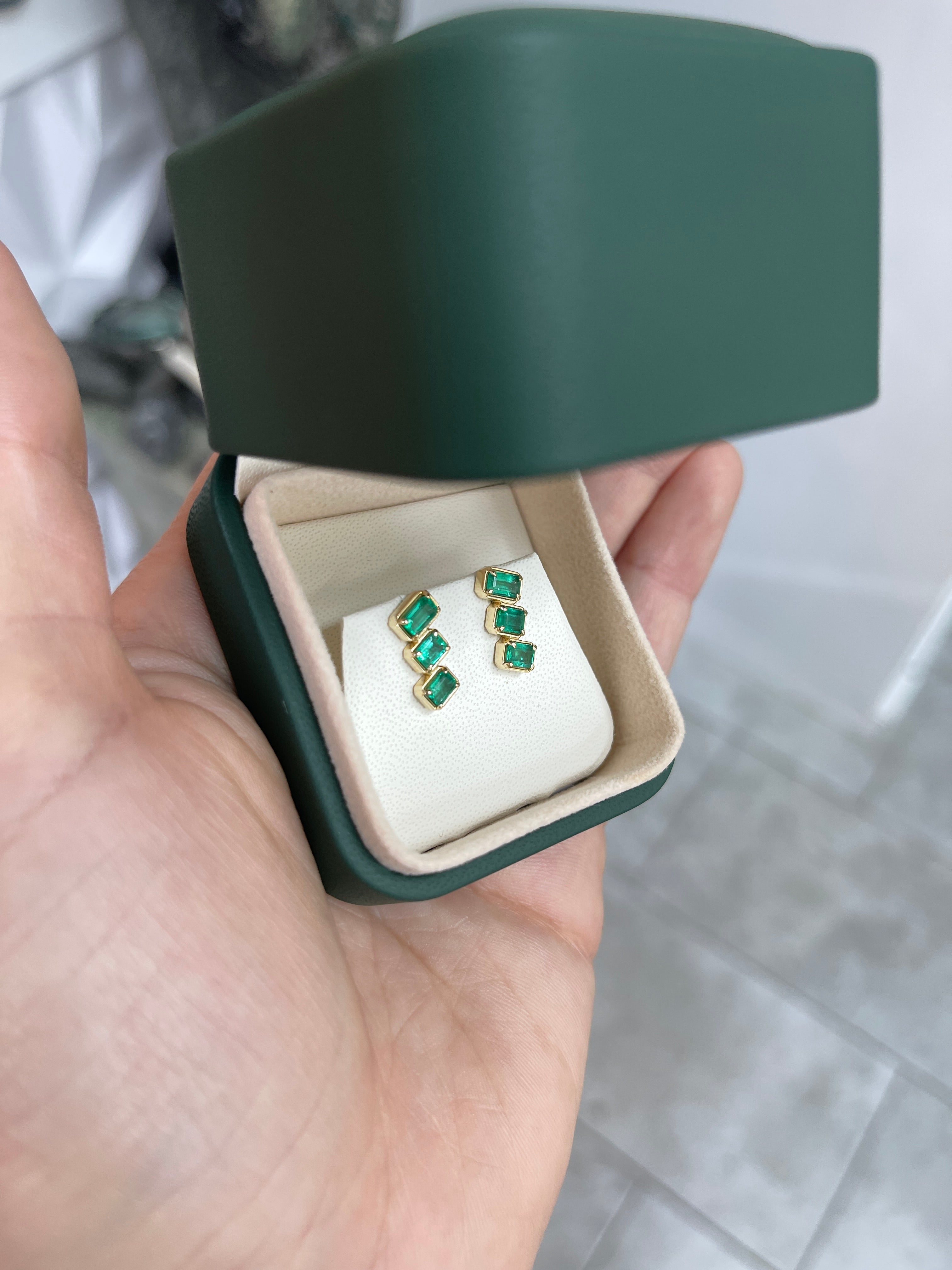 1.54tcw Emerald Cut Emerald Staircase Stud Earrings 14K - JR Colombian Emeralds
