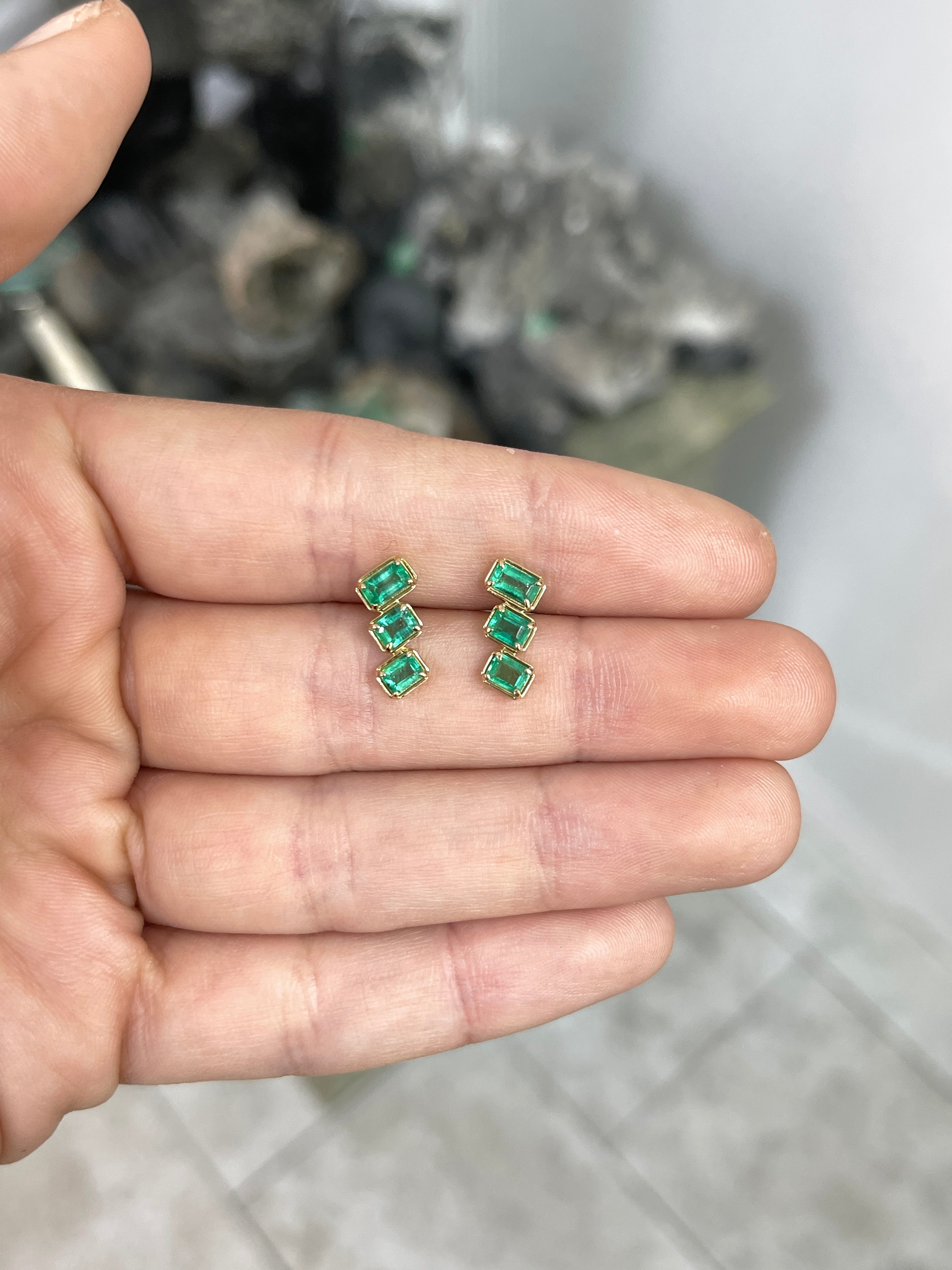 1.54tcw Emerald Cut Emerald Staircase Stud Earrings 14K - JR Colombian Emeralds