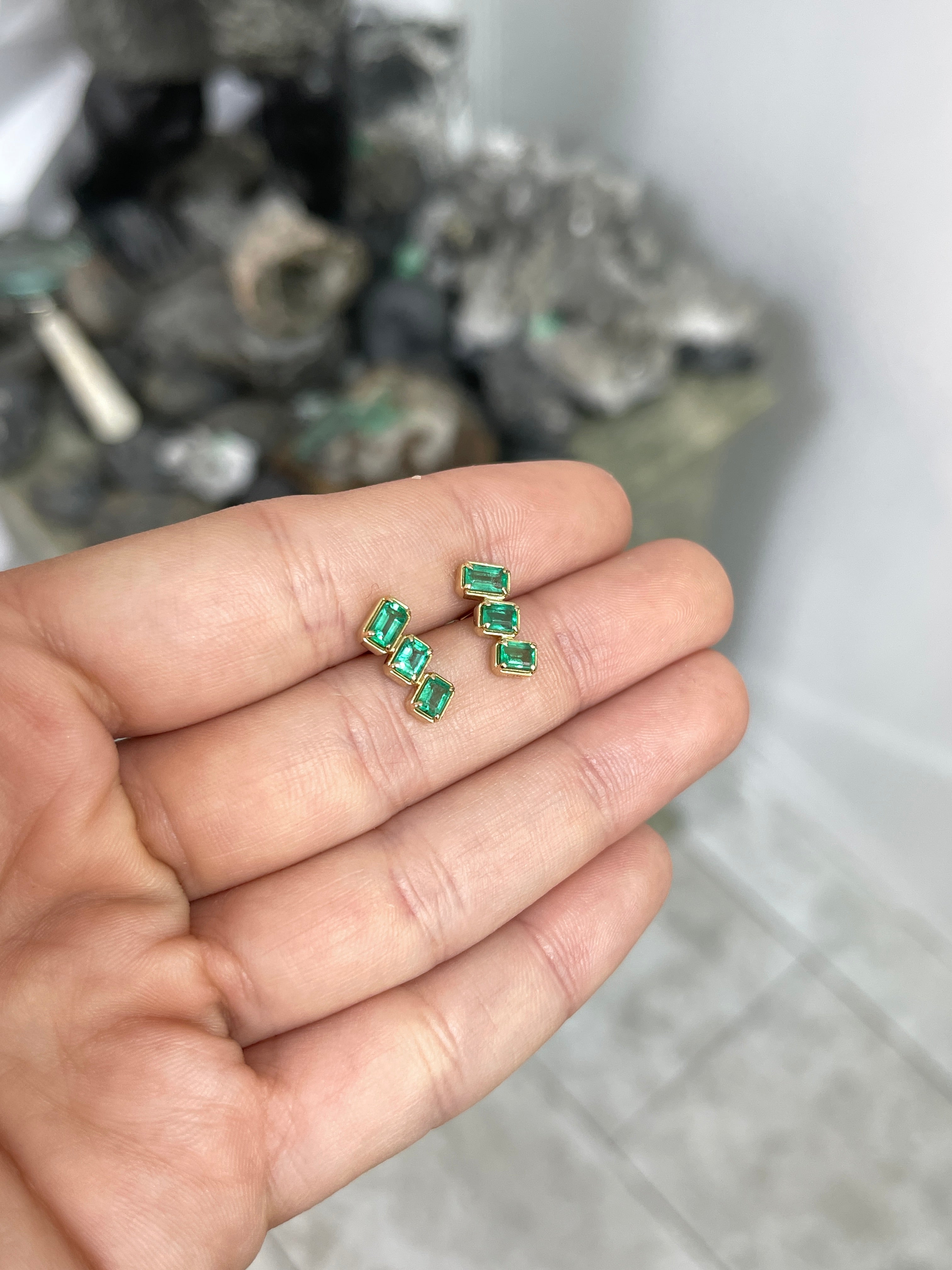 1.54tcw Emerald Cut Emerald Staircase Stud Earrings 14K - JR Colombian Emeralds