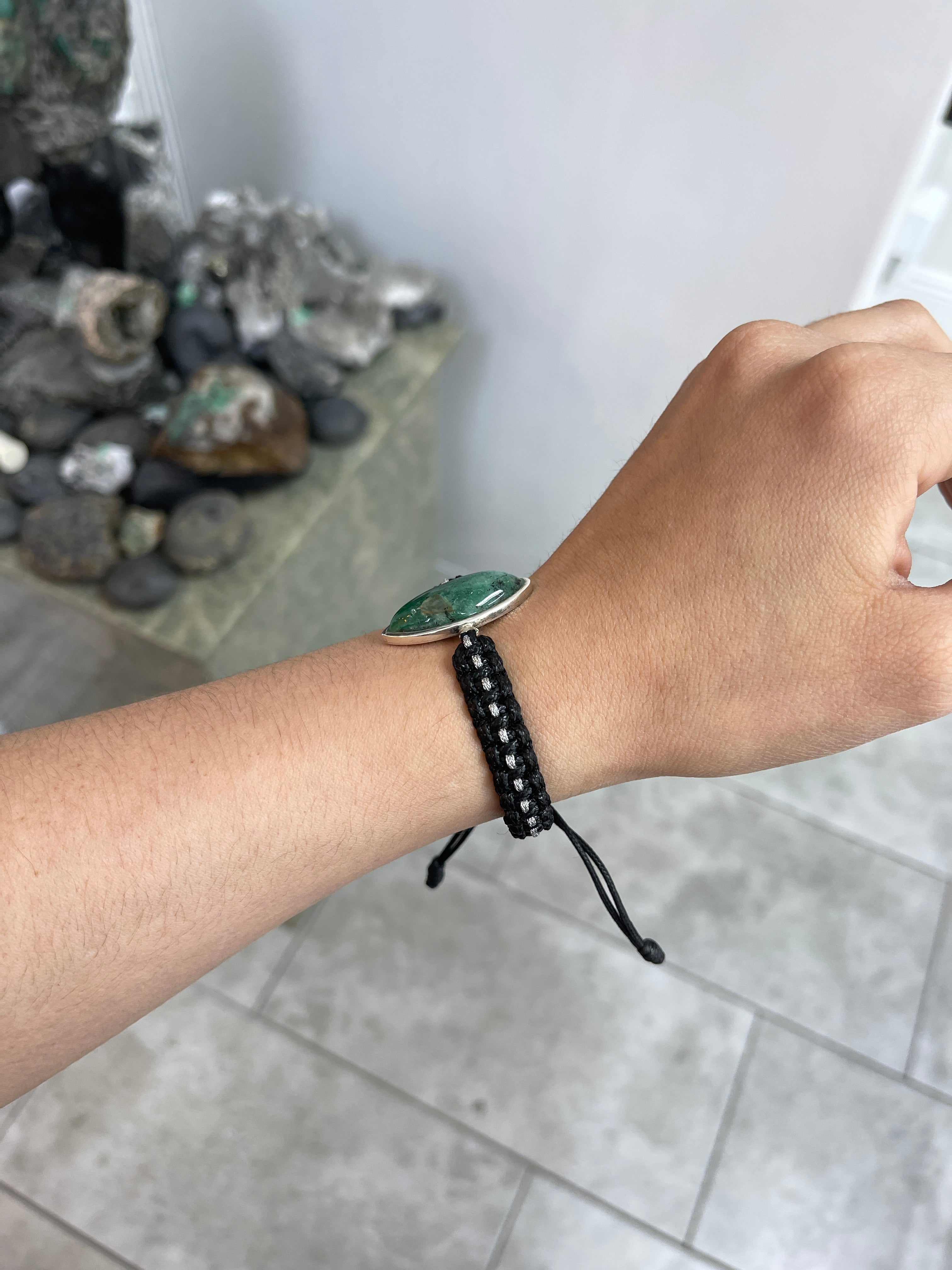 19.5 Carat Cabochon Marquise Colombian Emerald Bezel Cord Bracelet - JR Colombian Emeralds