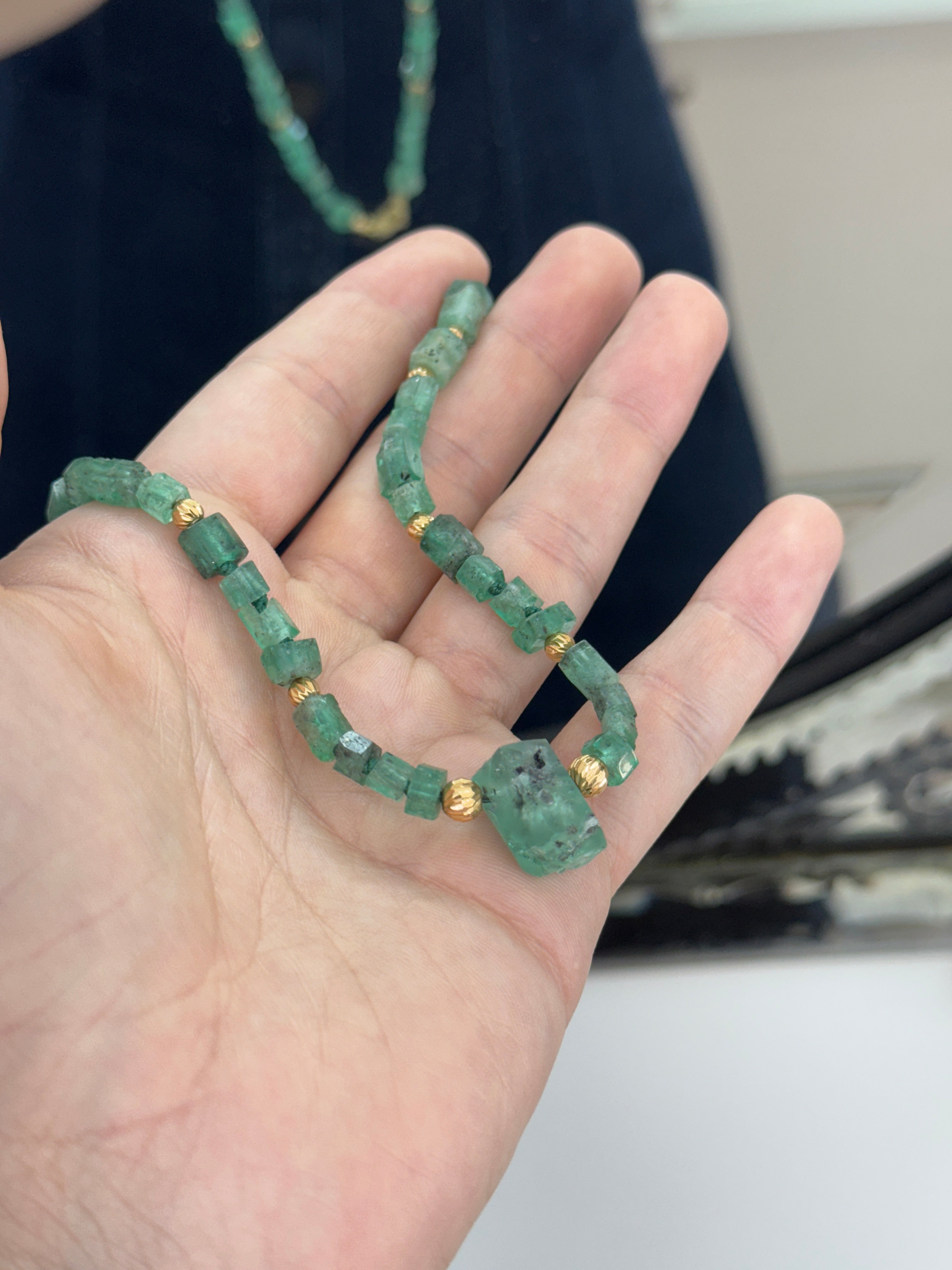 95.69tcw Natural Rough Colombian Emerald Earthy Tennis Necklace - 17 Inches 18K Gold