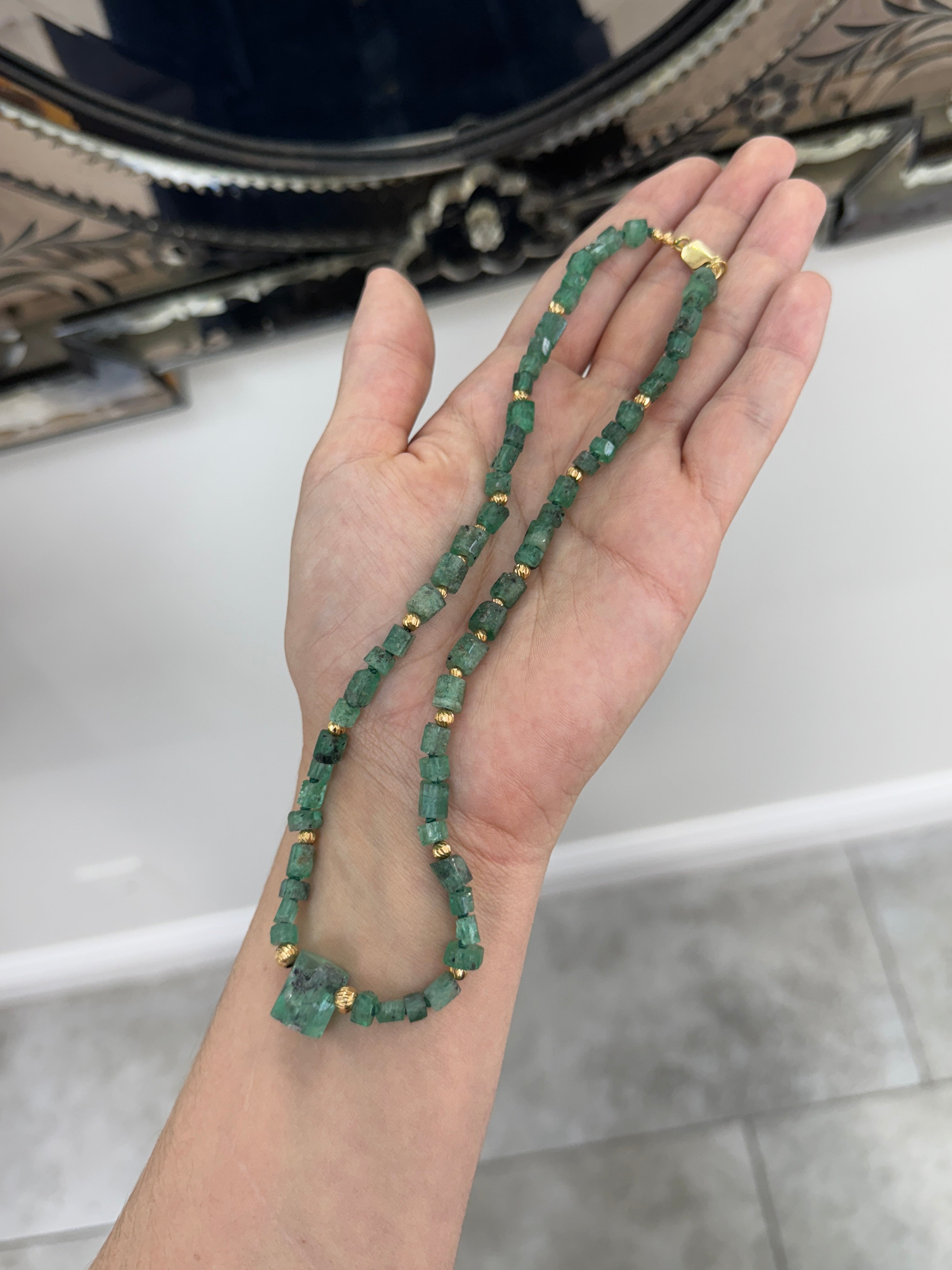 95.69tcw Natural Rough Colombian Emerald Earthy Tennis Necklace - 17 Inches 18K Gold