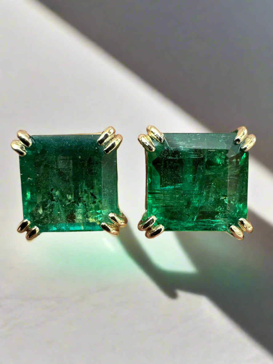 3.98tcw Freckled Asscher Cut Natural Emerald Double Prong Stud Earrings 14K