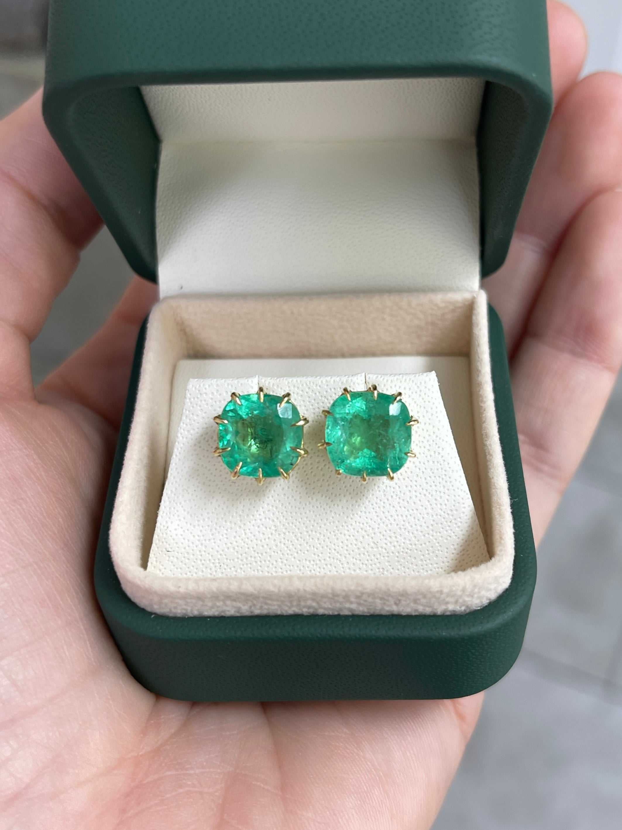 6.74tcw Colombian Emerald Cushion Cut Multi Prong 18K Statement Studs