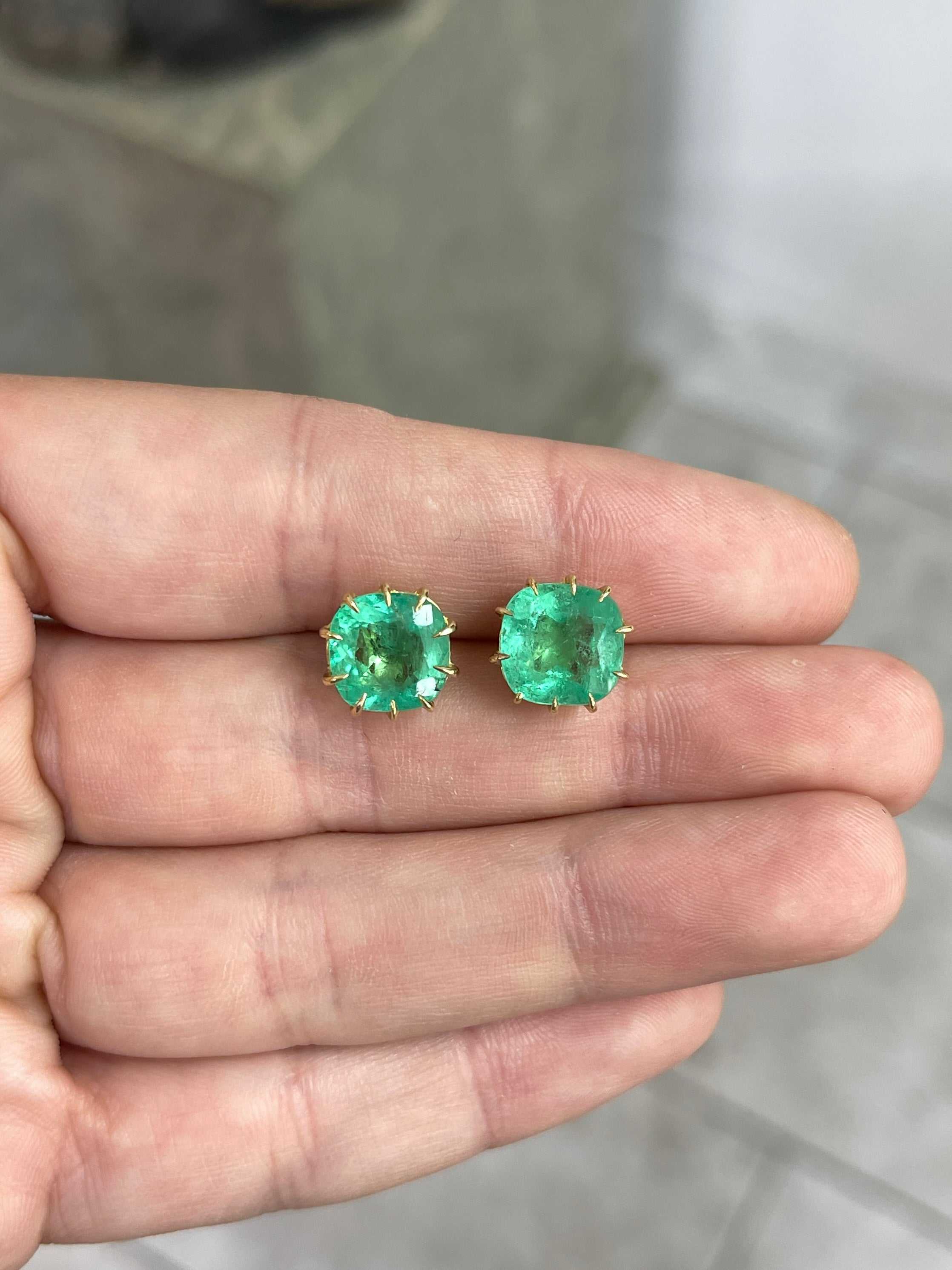 6.74tcw Colombian Emerald Cushion Cut Multi Prong 18K Statement Studs