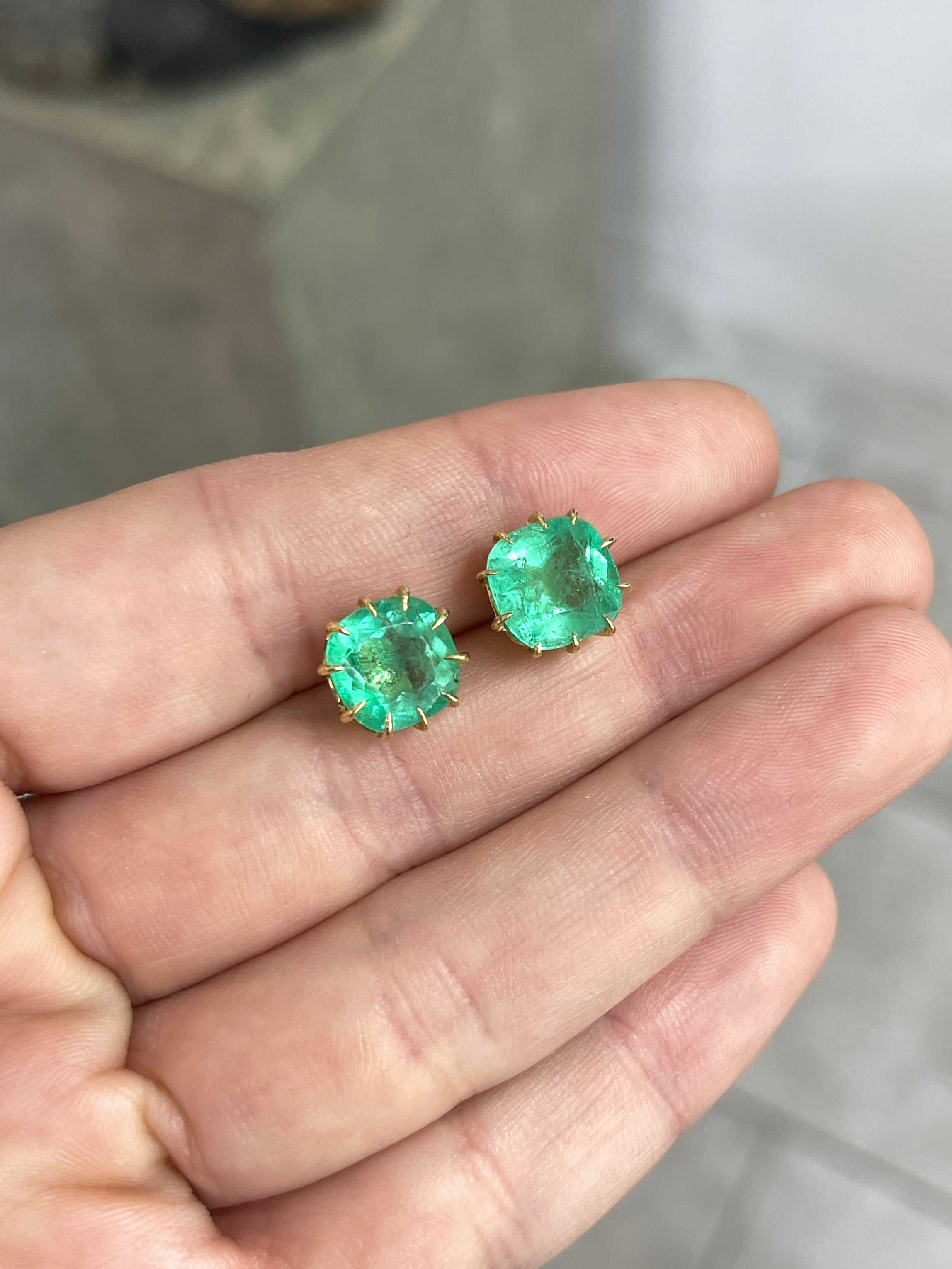 6.74tcw Colombian Emerald Cushion Cut Multi Prong 18K Statement Studs