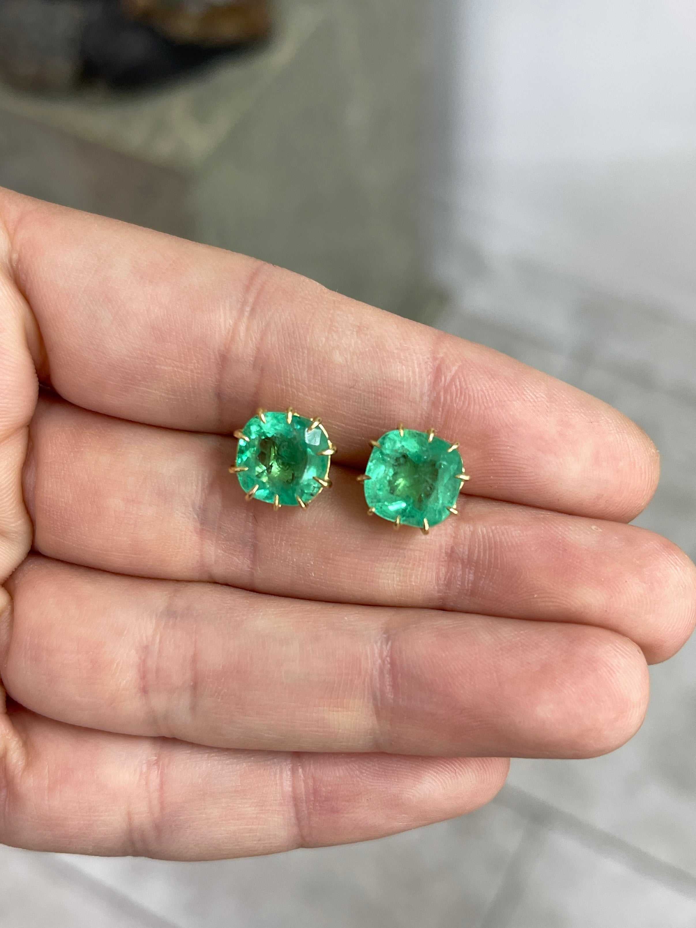 6.74tcw Colombian Emerald Cushion Cut Multi Prong 18K Statement Studs