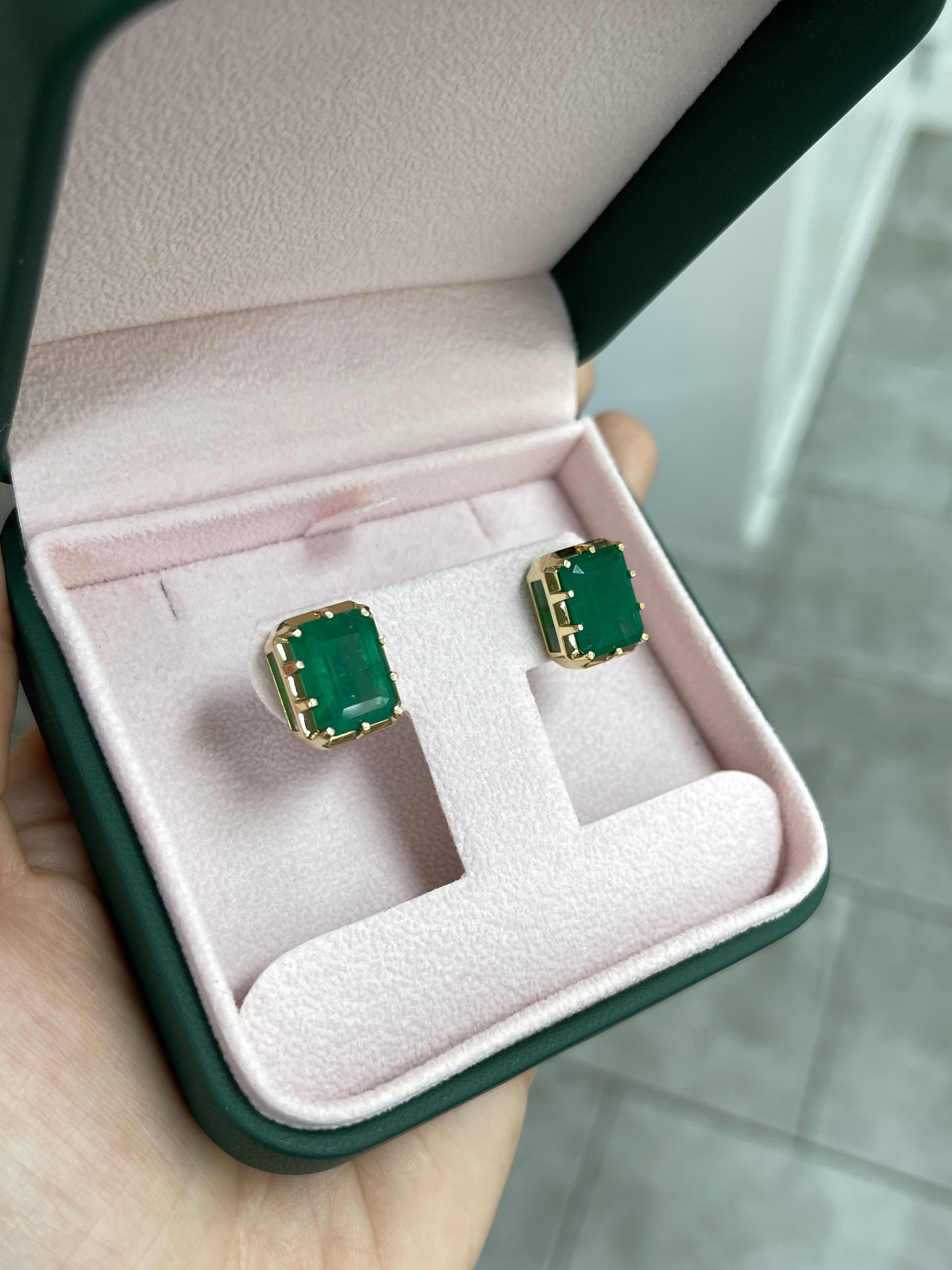 13.90tcw Zambian Emerald Multi Prong 18K Statement Studs - JR Colombian Emeralds