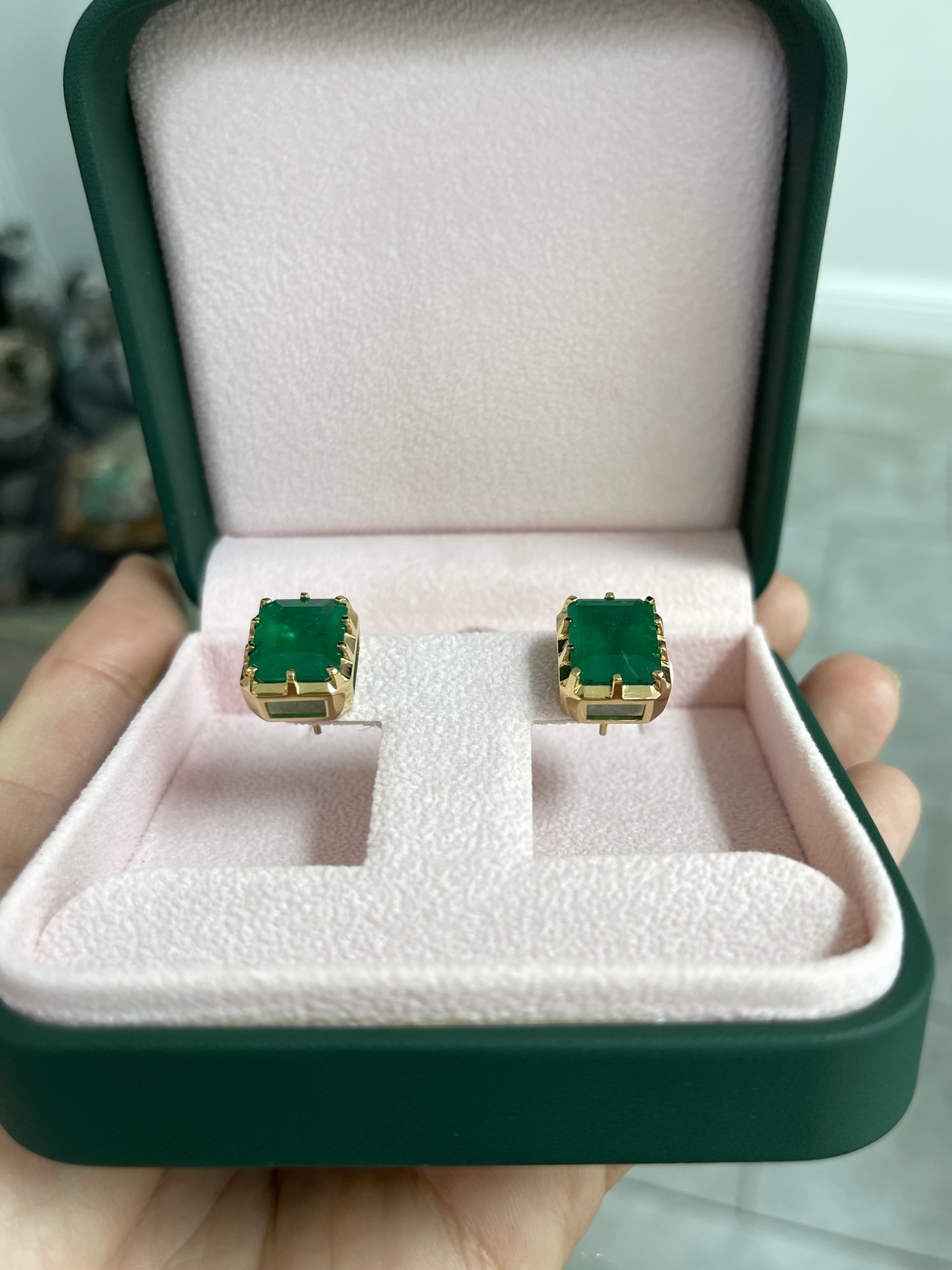 13.90tcw Zambian Emerald Multi Prong 18K Statement Studs - JR Colombian Emeralds