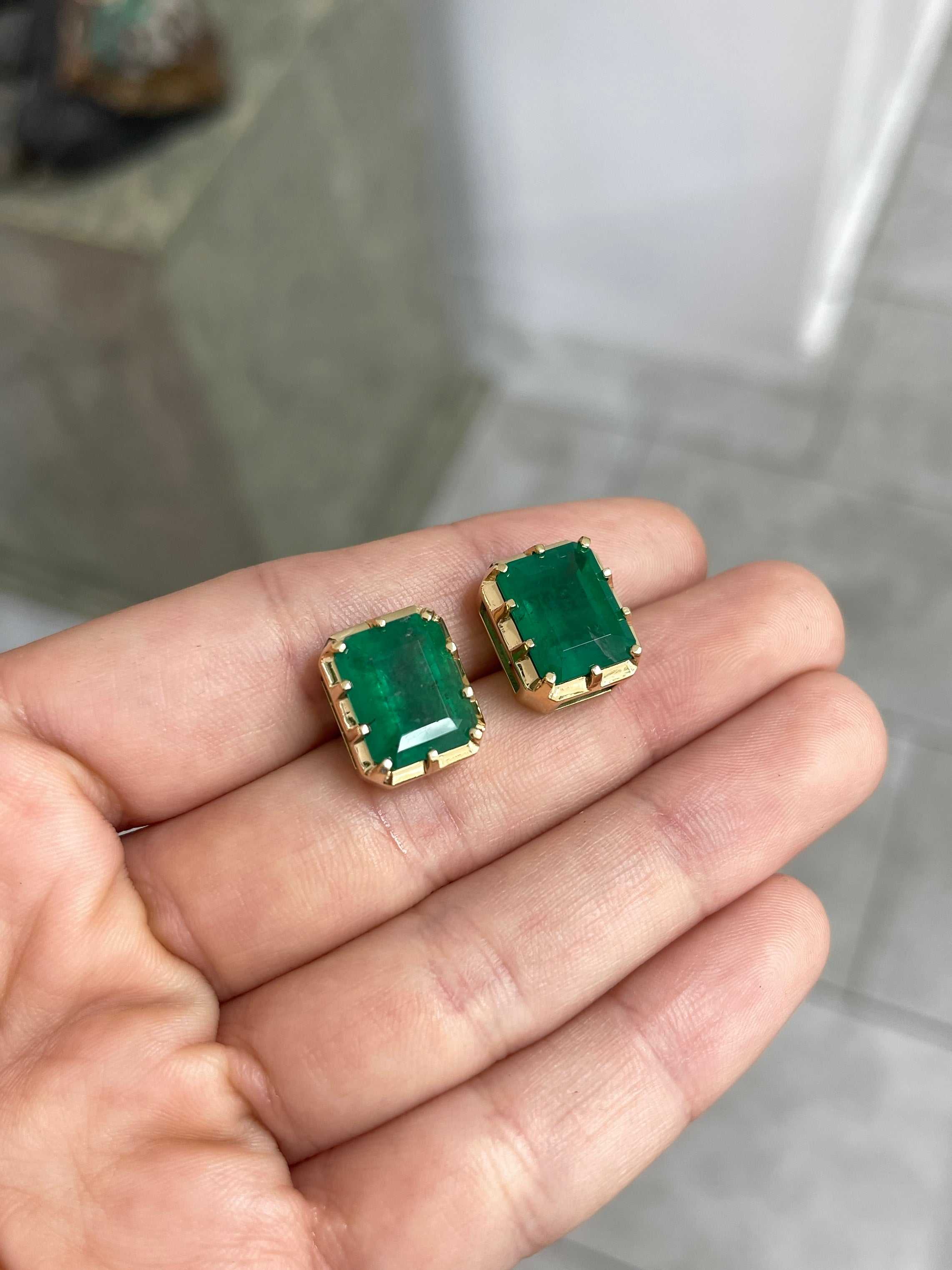 13.90tcw Zambian Emerald Multi Prong 18K Statement Studs - JR Colombian Emeralds