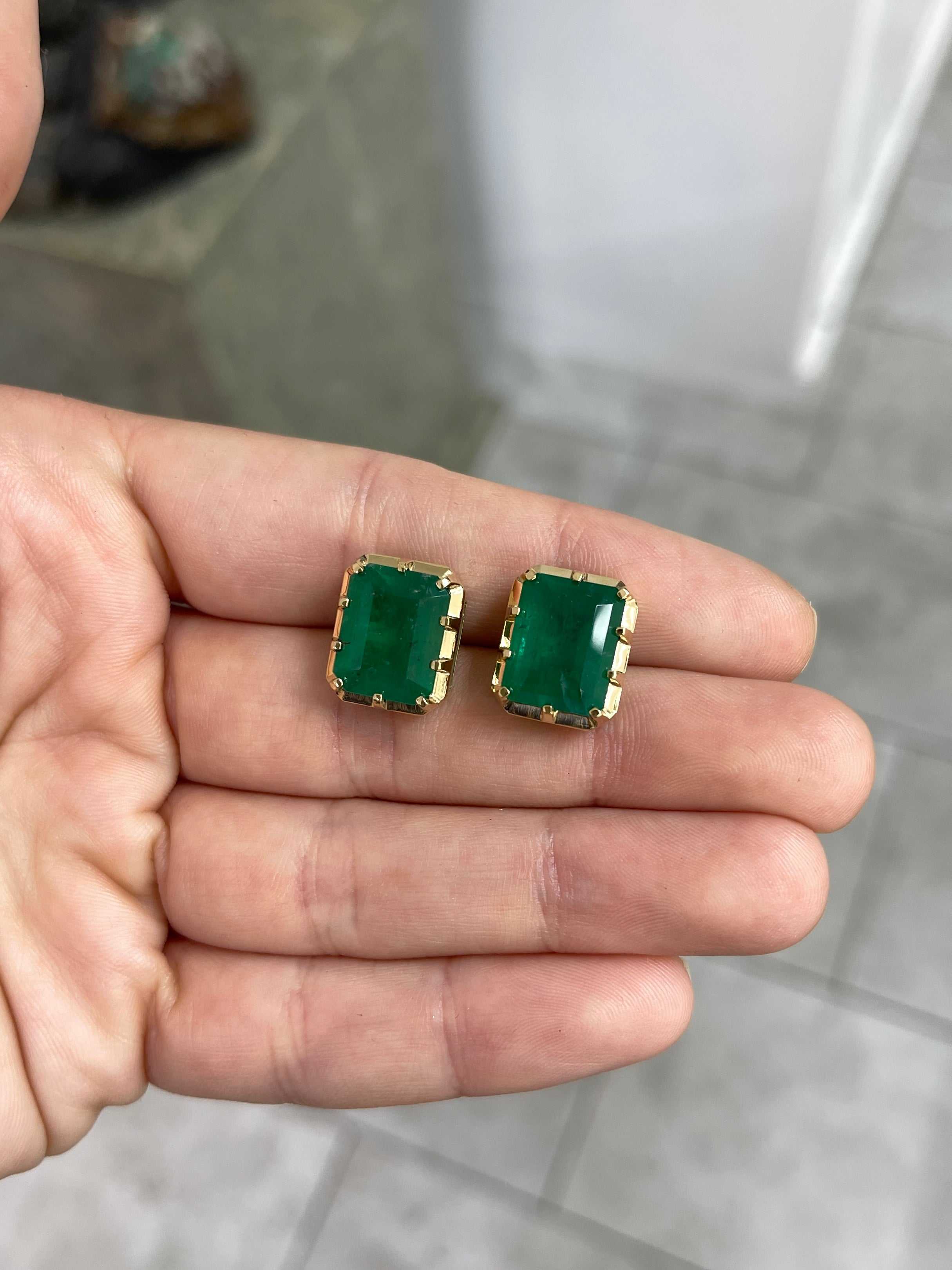 13.90tcw Zambian Emerald Multi Prong 18K Statement Studs - JR Colombian Emeralds