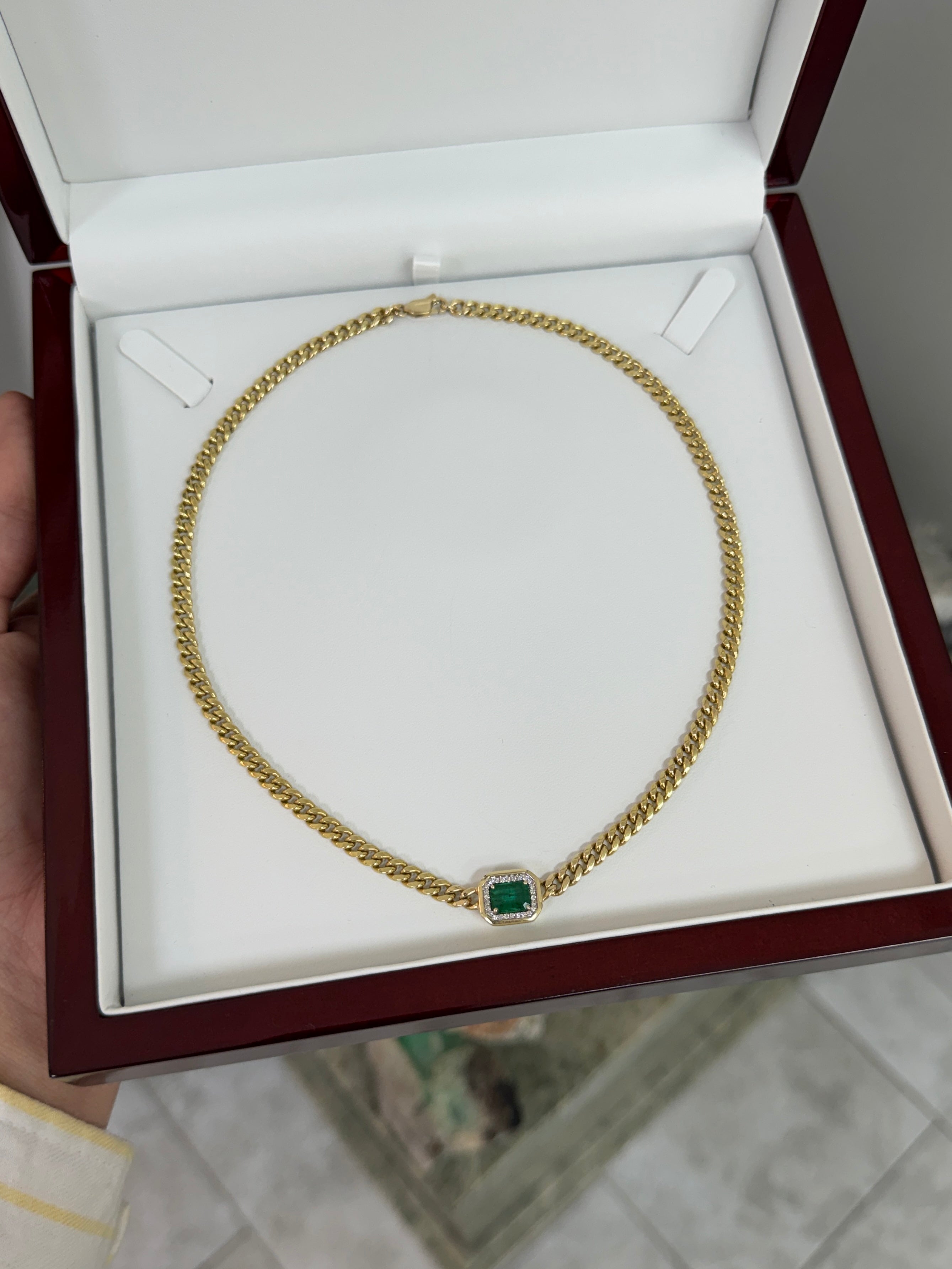 2.0tcw 14K Deep Green Emerald Cut Emerald & Diamond Halo Cuban Link Necklace
