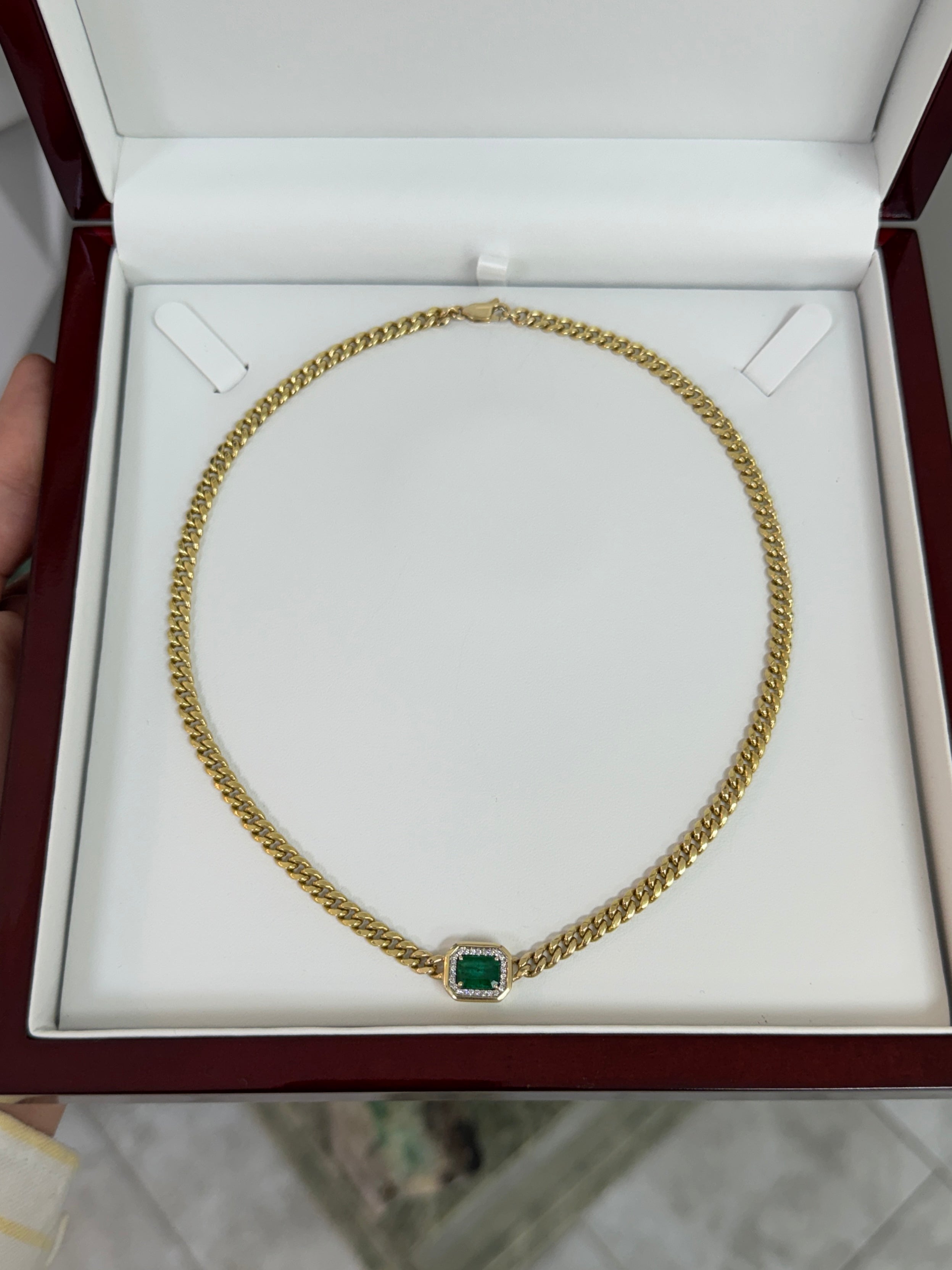 2.0tcw 14K Deep Green Emerald Cut Emerald & Diamond Halo Cuban Link Necklace