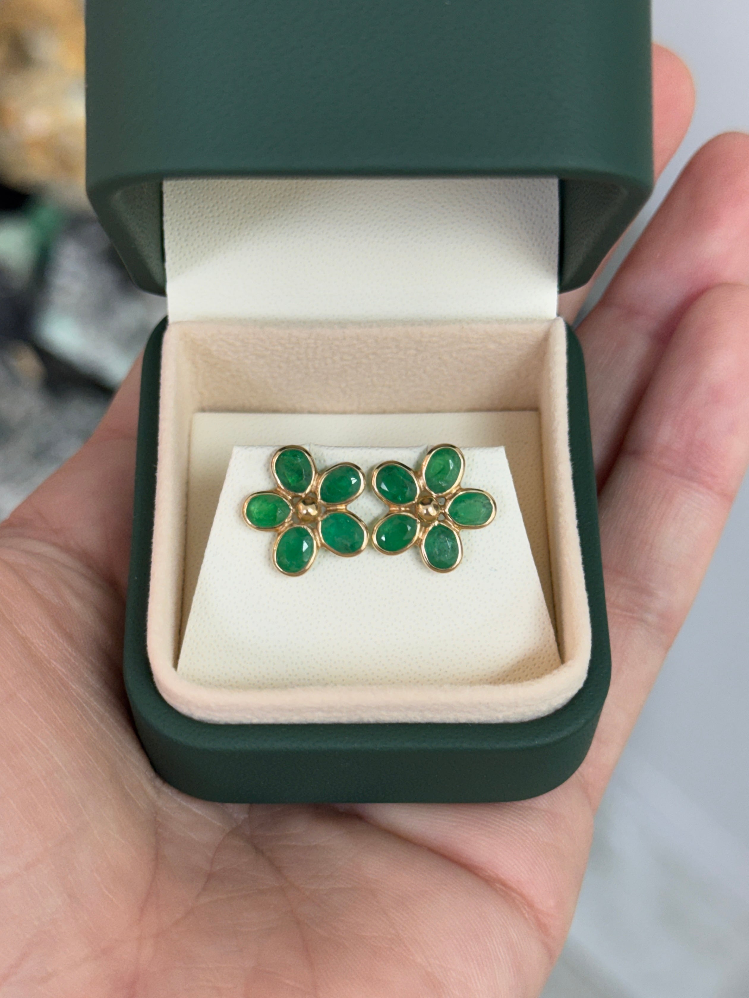 3.14tcw 14K Bezel Set Floral Emerald Stud Earrings