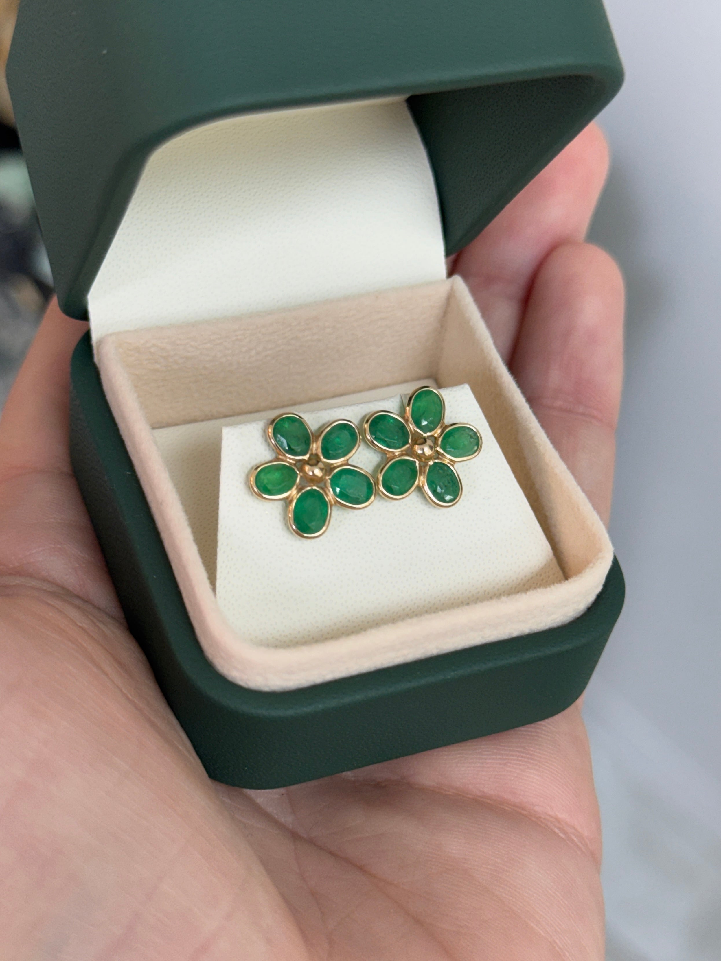 3.14tcw 14K Bezel Set Floral Emerald Stud Earrings