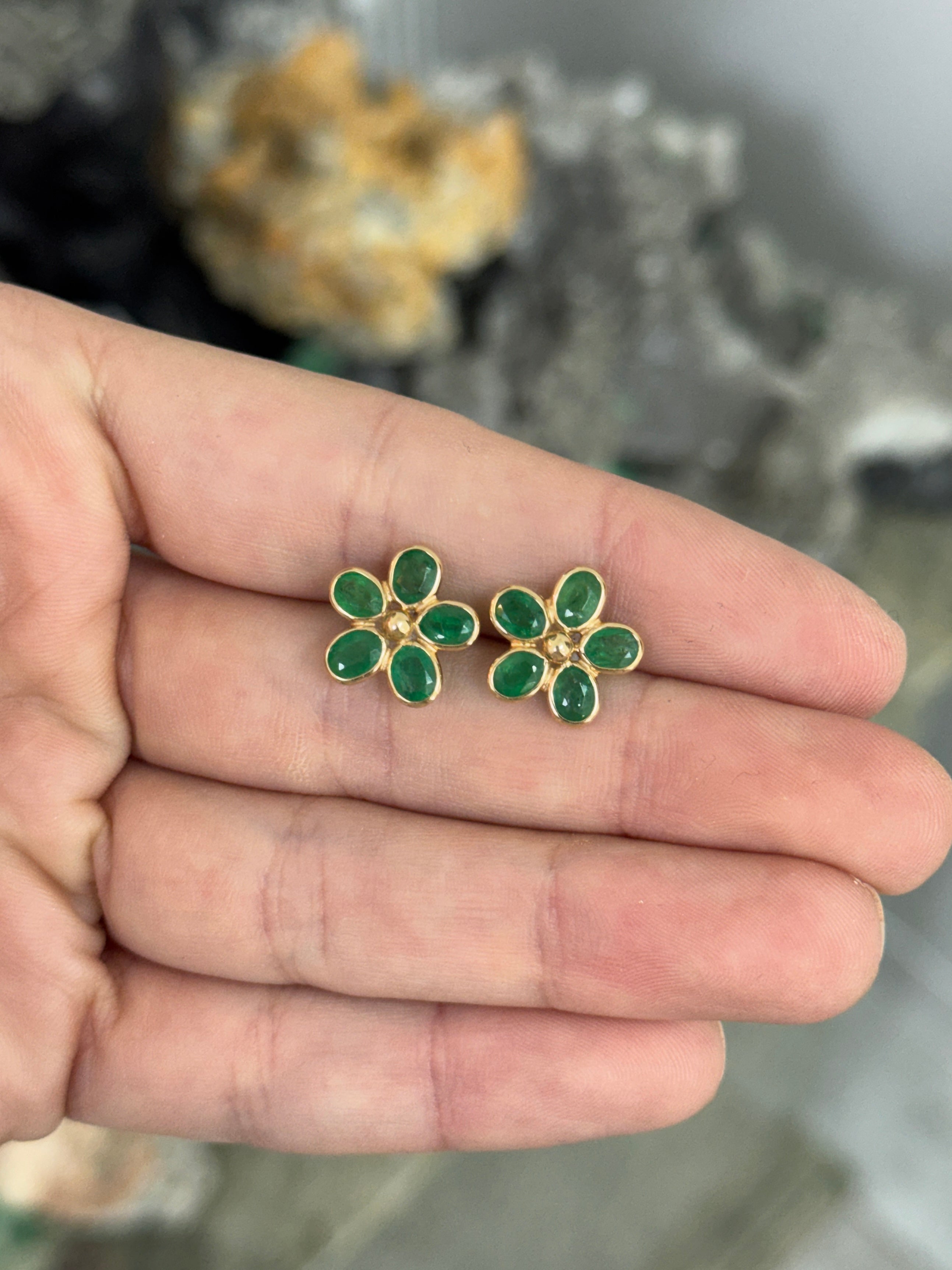 3.14tcw 14K Bezel Set Floral Emerald Stud Earrings