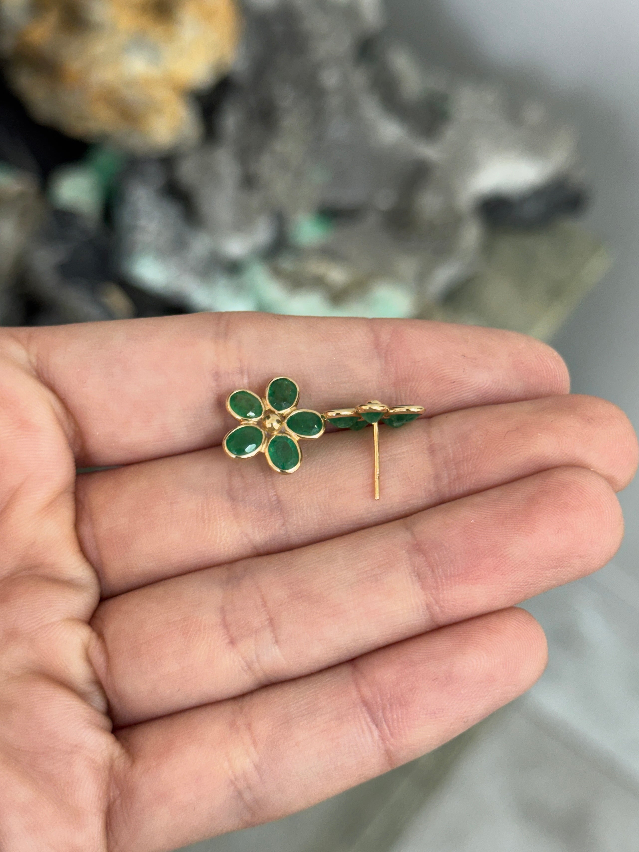 3.14tcw 14K Bezel Set Floral Emerald Stud Earrings
