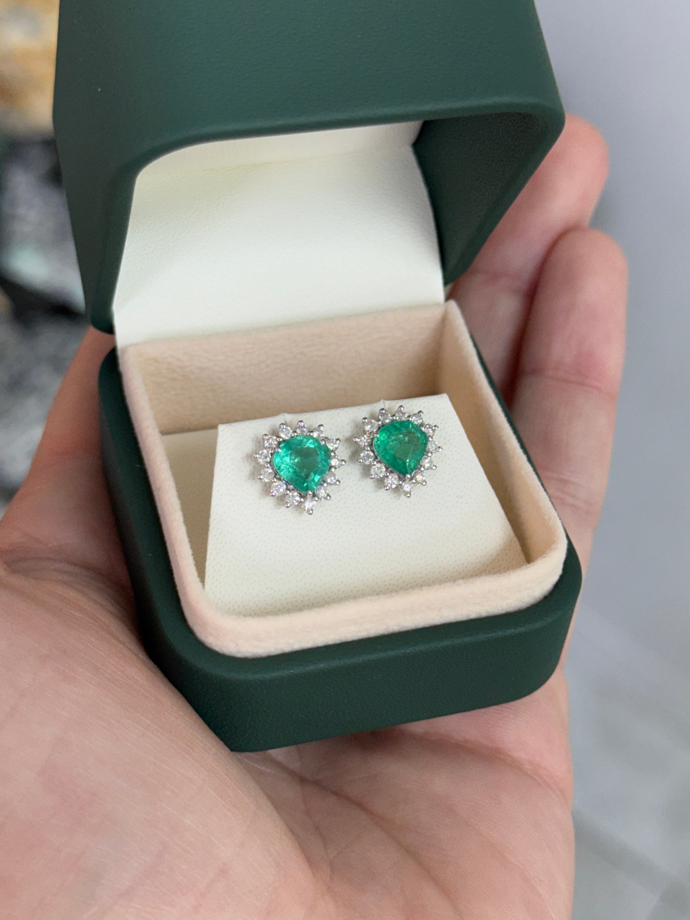 2.55tcw Chunky Pear Emerald & Diamond Halo Stud Earrings 18K White Gold