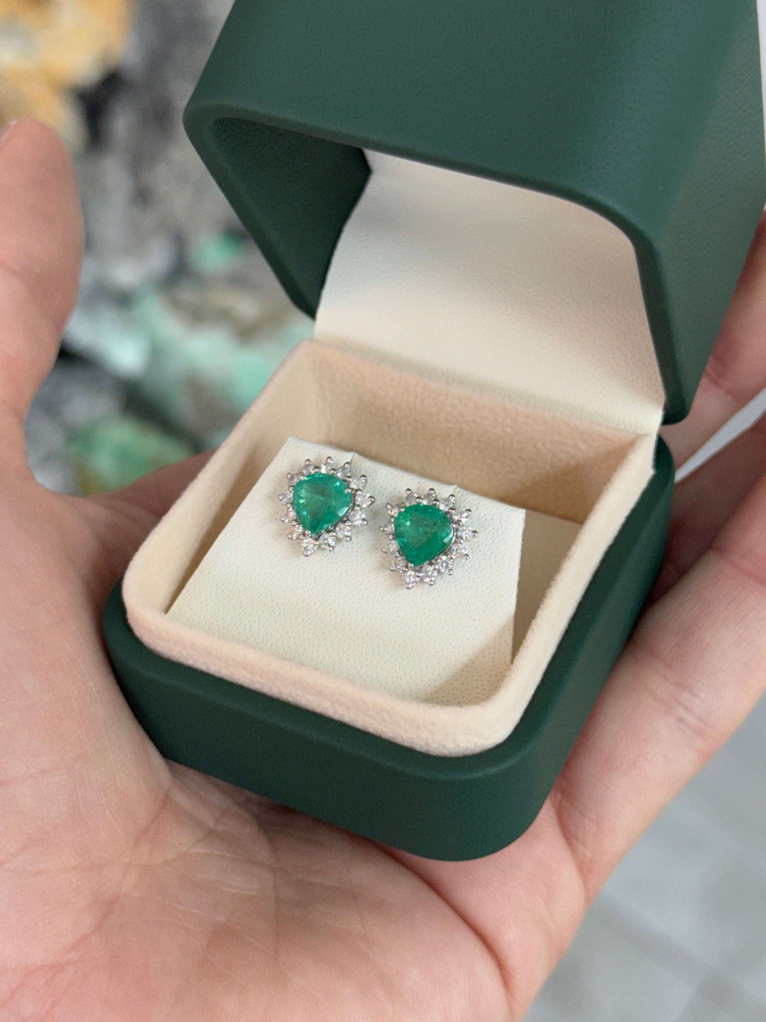 2.55tcw Chunky Pear Emerald & Diamond Halo Stud Earrings 18K White Gold