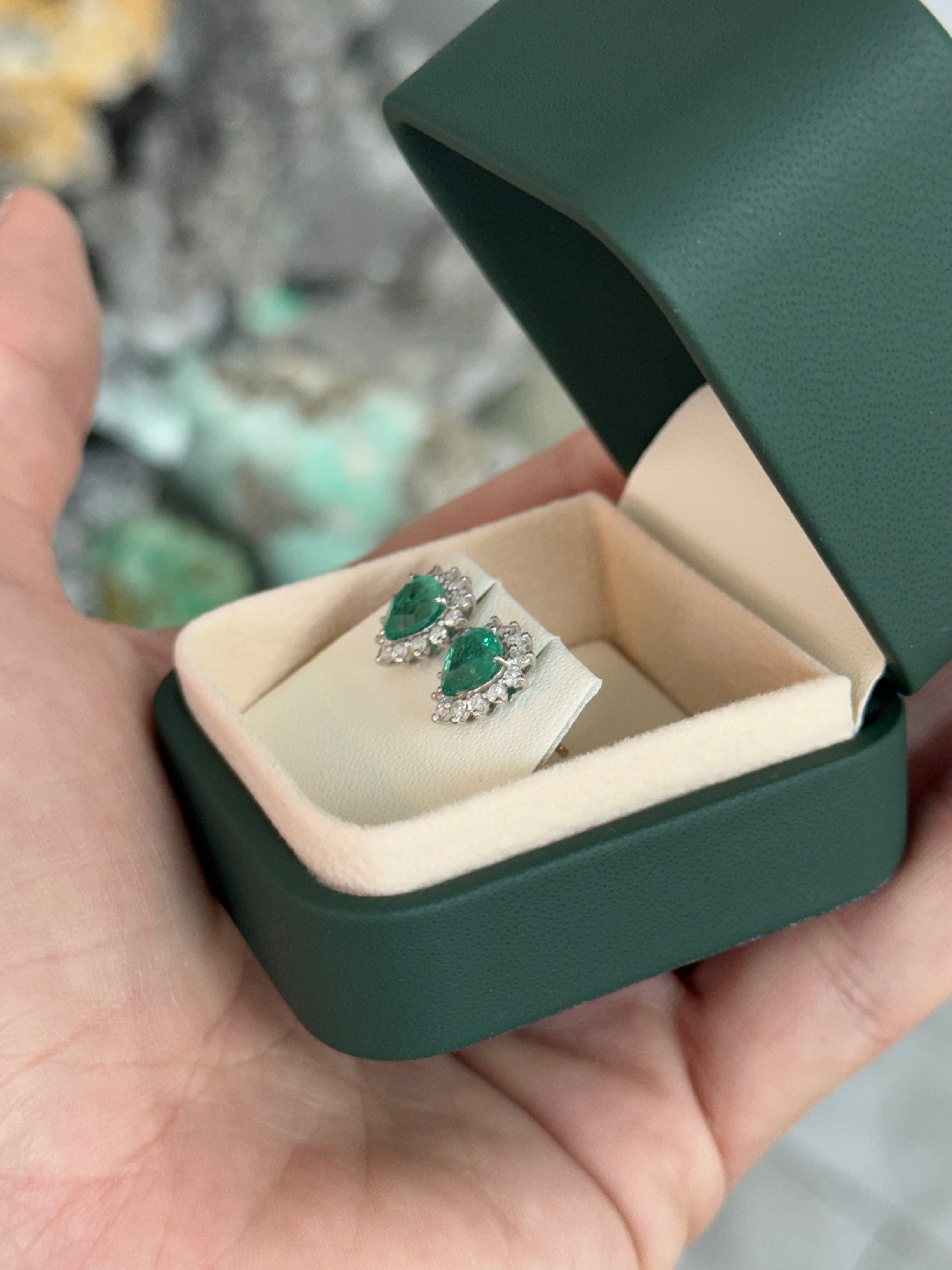 2.55tcw Chunky Pear Emerald & Diamond Halo Stud Earrings 18K White Gold