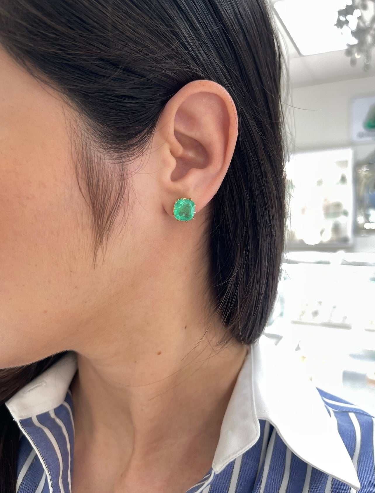 6.74tcw Colombian Emerald Cushion Cut Multi Prong 18K Statement Studs