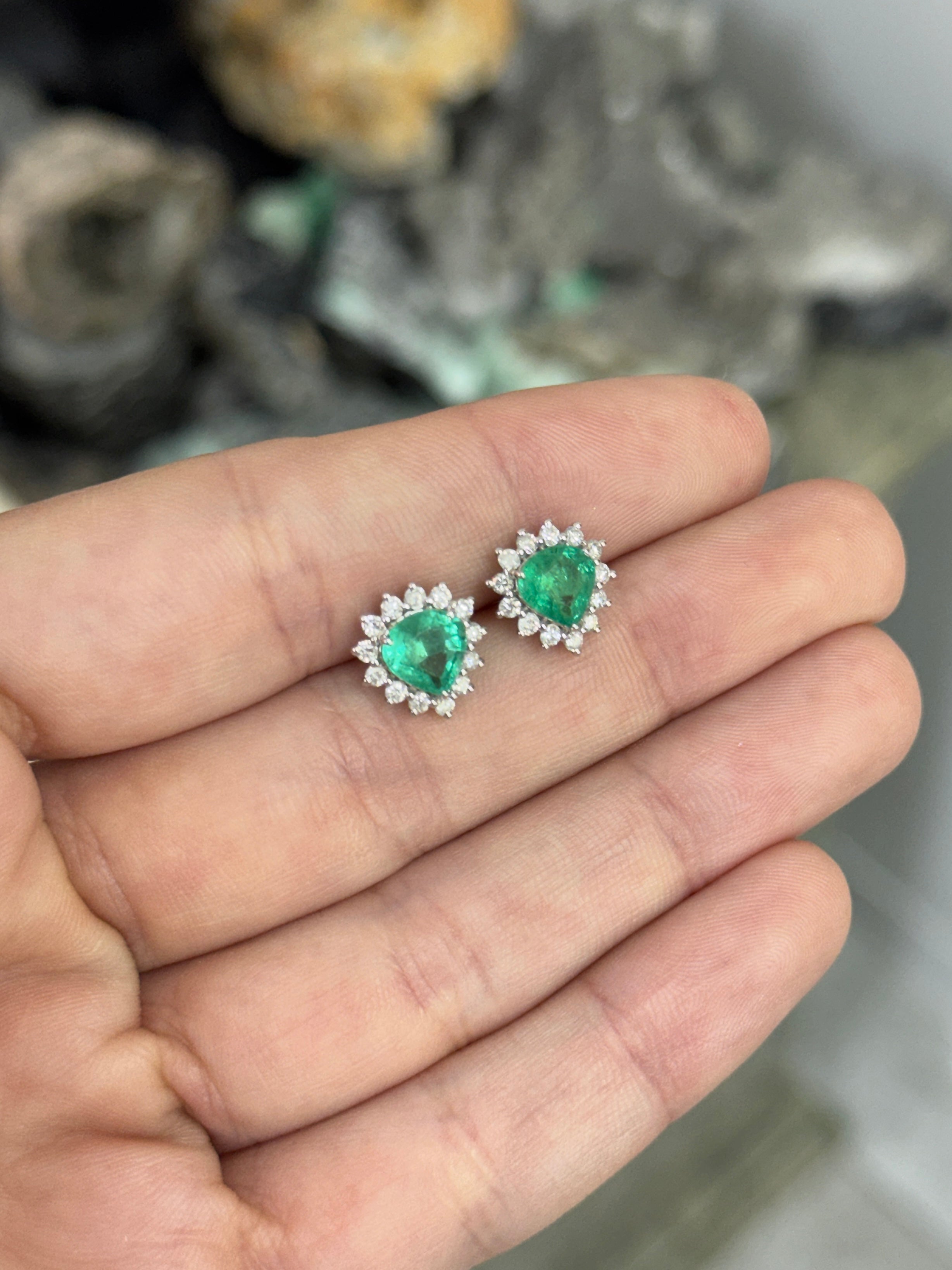2.55tcw Chunky Pear Emerald & Diamond Halo Stud Earrings 18K White Gold