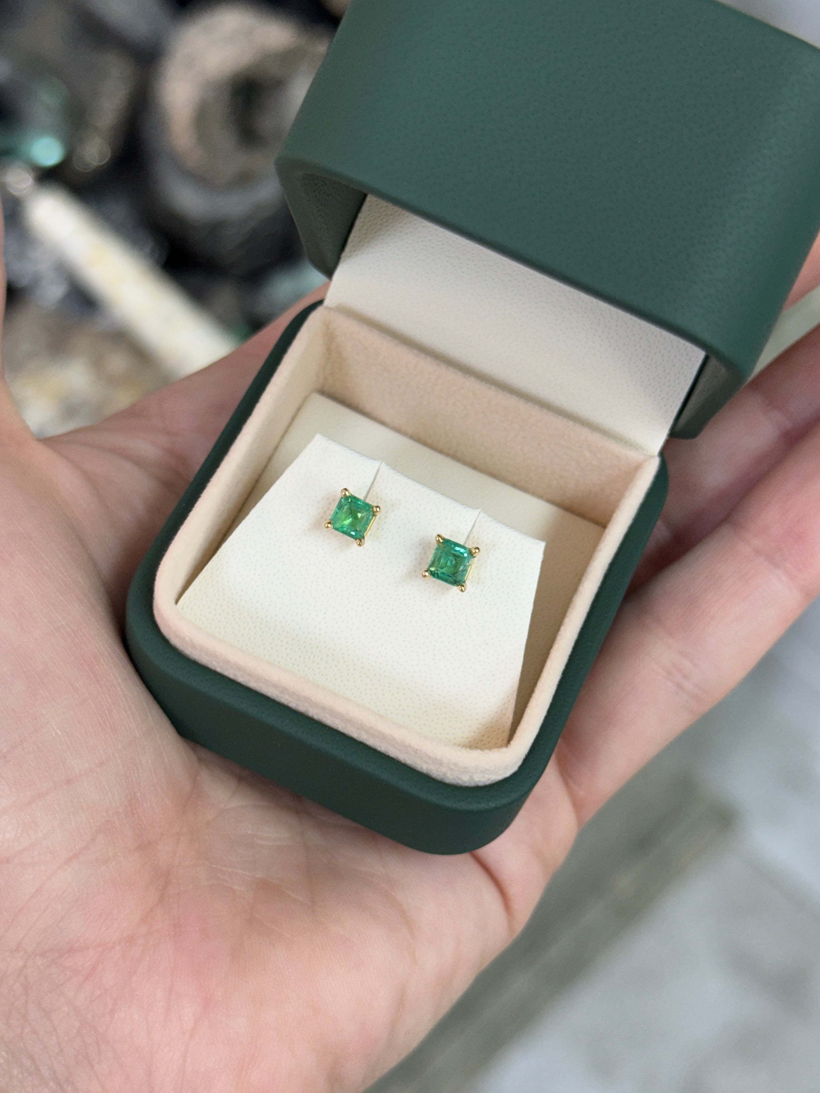 0.80tcw Petite Asscher Cut Emerald Stud Earrings 14K