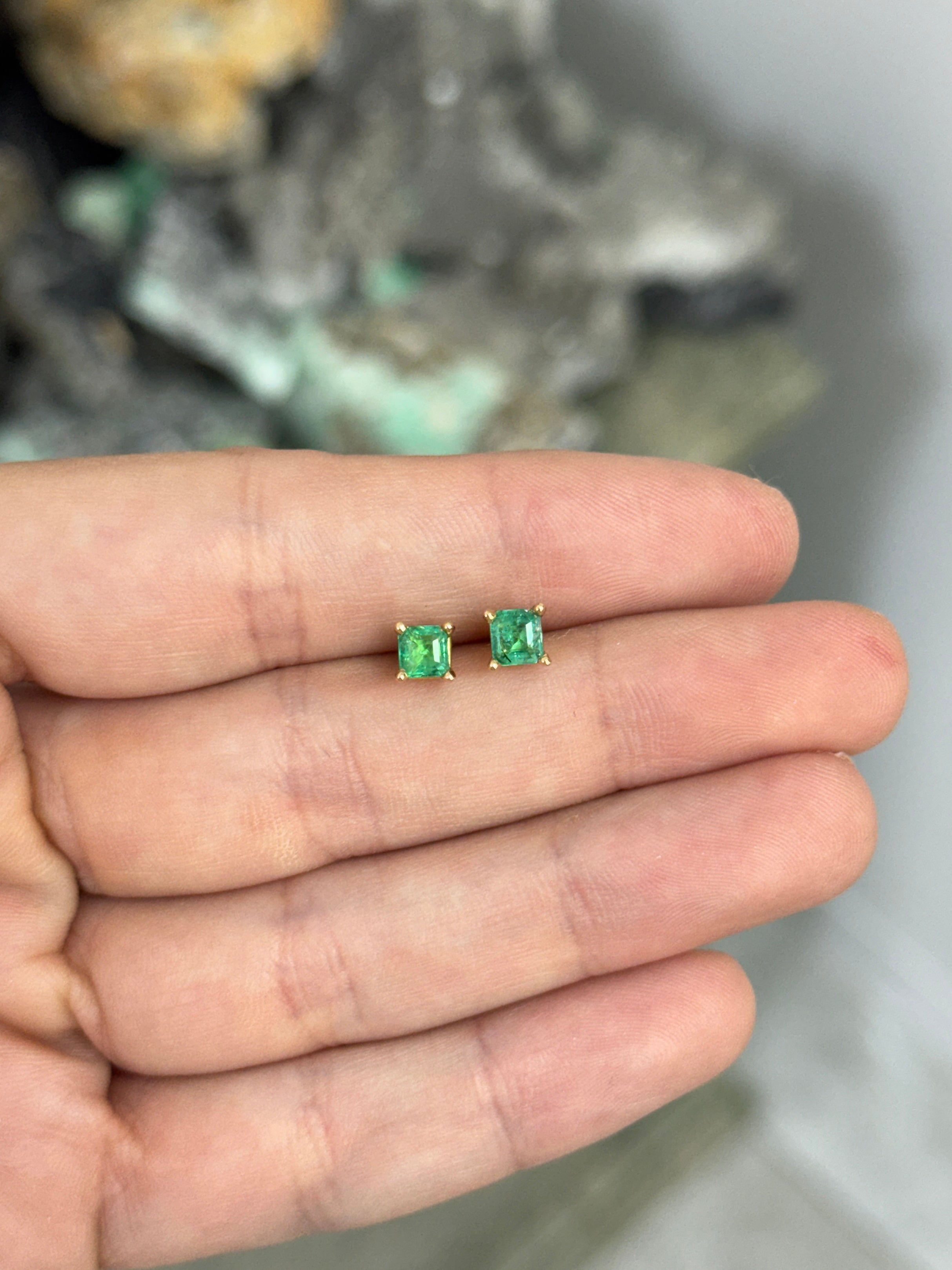 0.80tcw Petite Asscher Cut Emerald Stud Earrings 14K