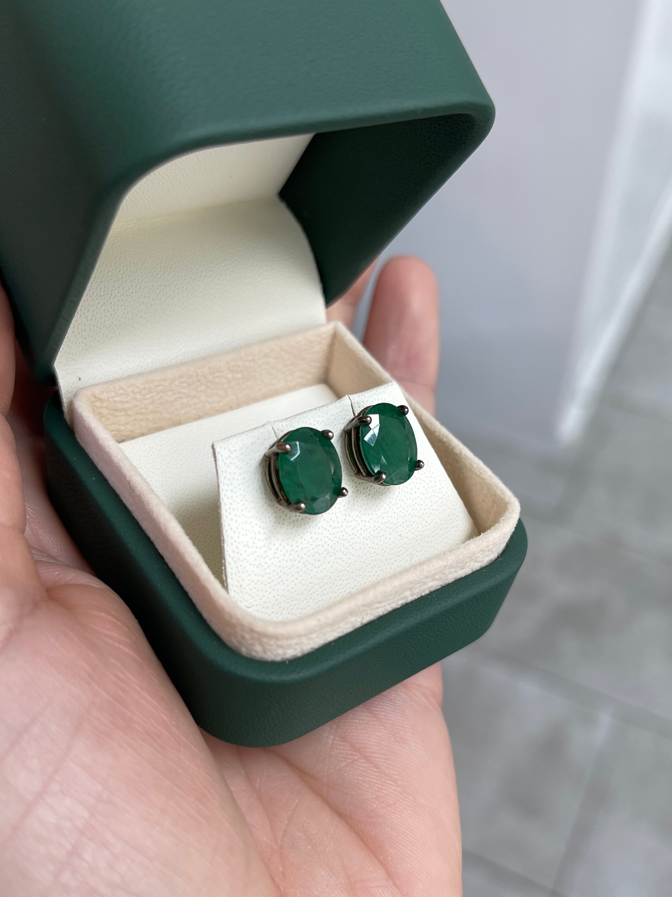 5.20tcw Dark Green Natural Oval Blackened Silver Stud Earrings