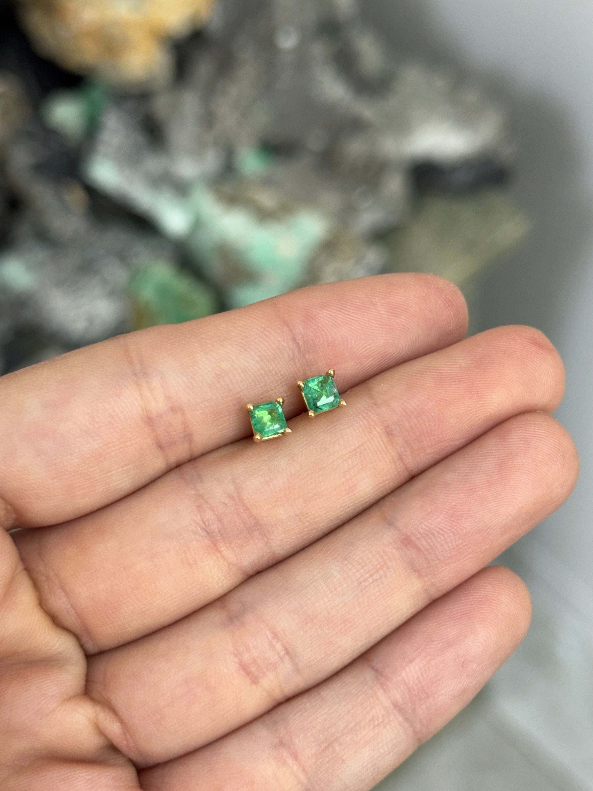 0.80tcw Petite Asscher Cut Emerald Stud Earrings 14K
