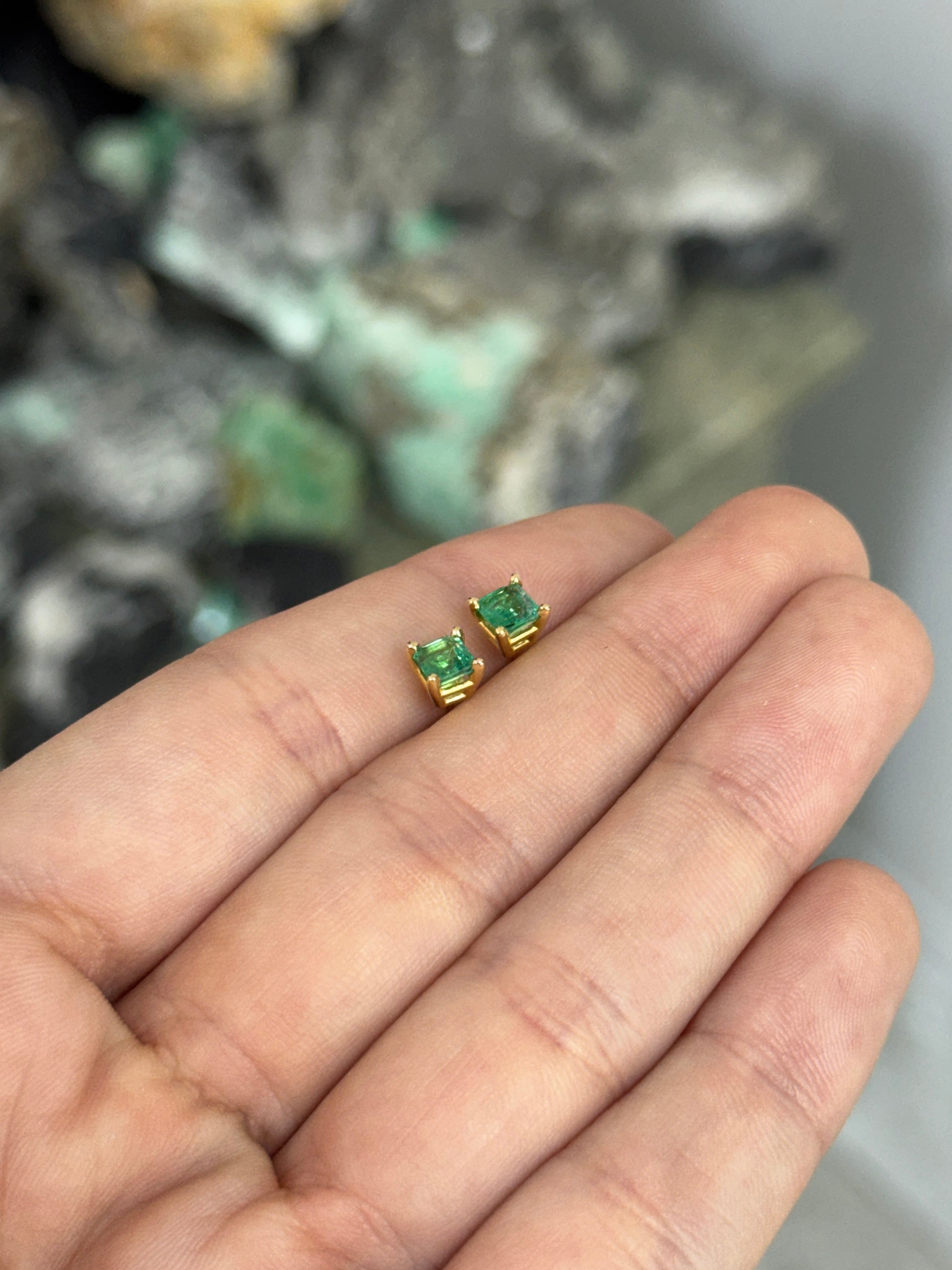 0.80tcw Petite Asscher Cut Emerald Stud Earrings 14K