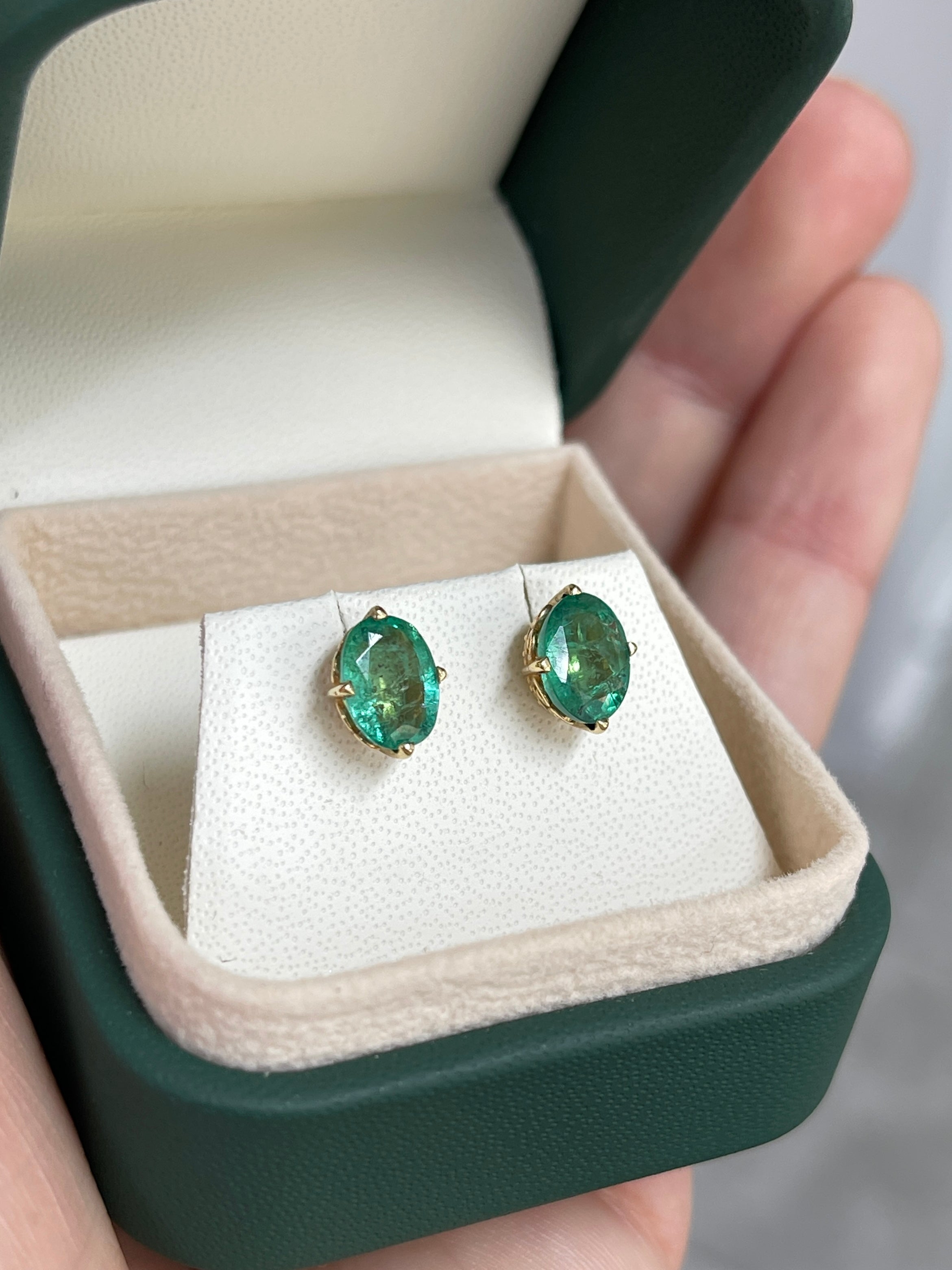 3.10tcw 9x7 Oval Emerald Compass Set Studs 14K
