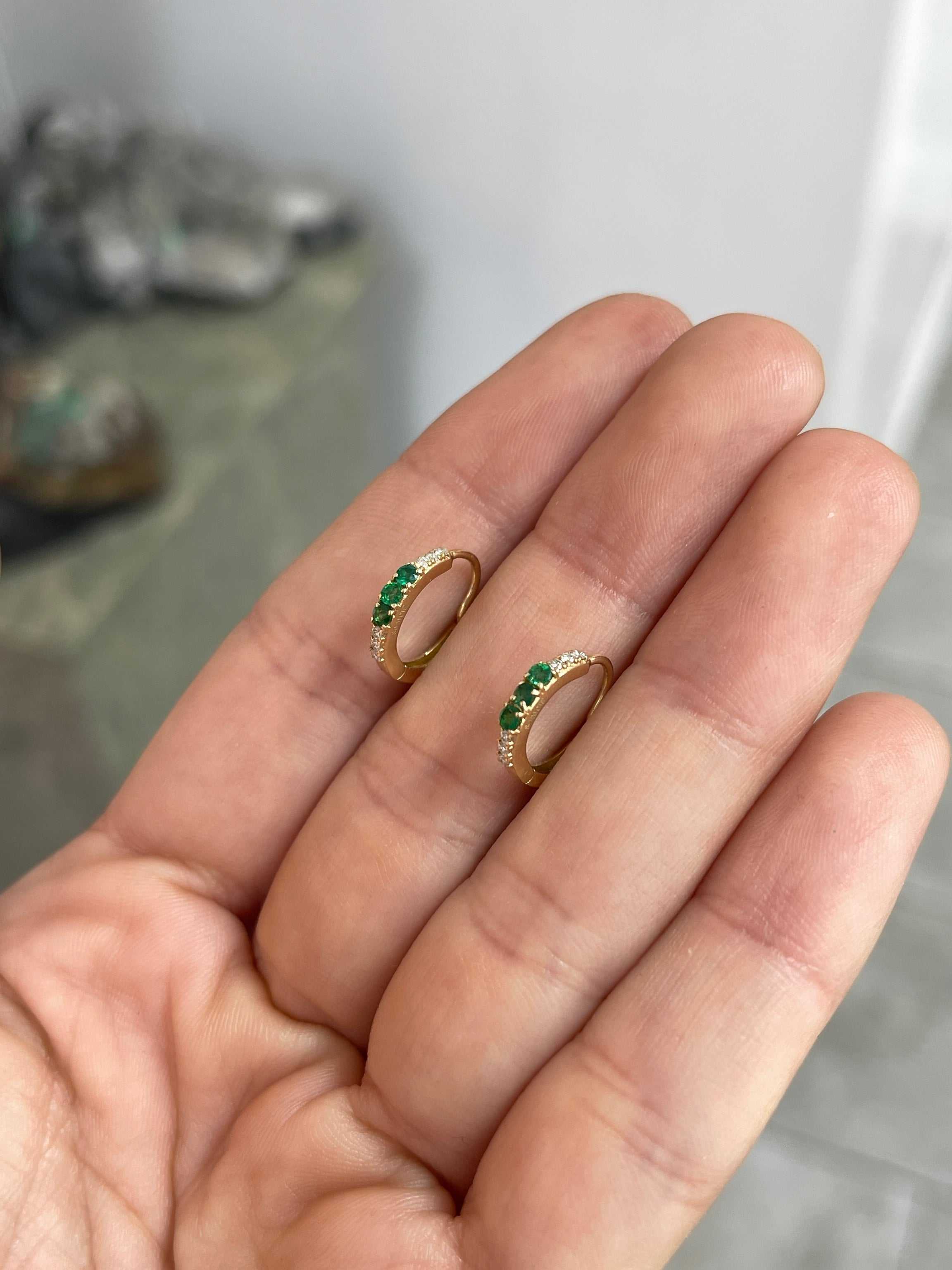Emerald & Diamond Huggie Earrings 14K - JR Colombian Emeralds