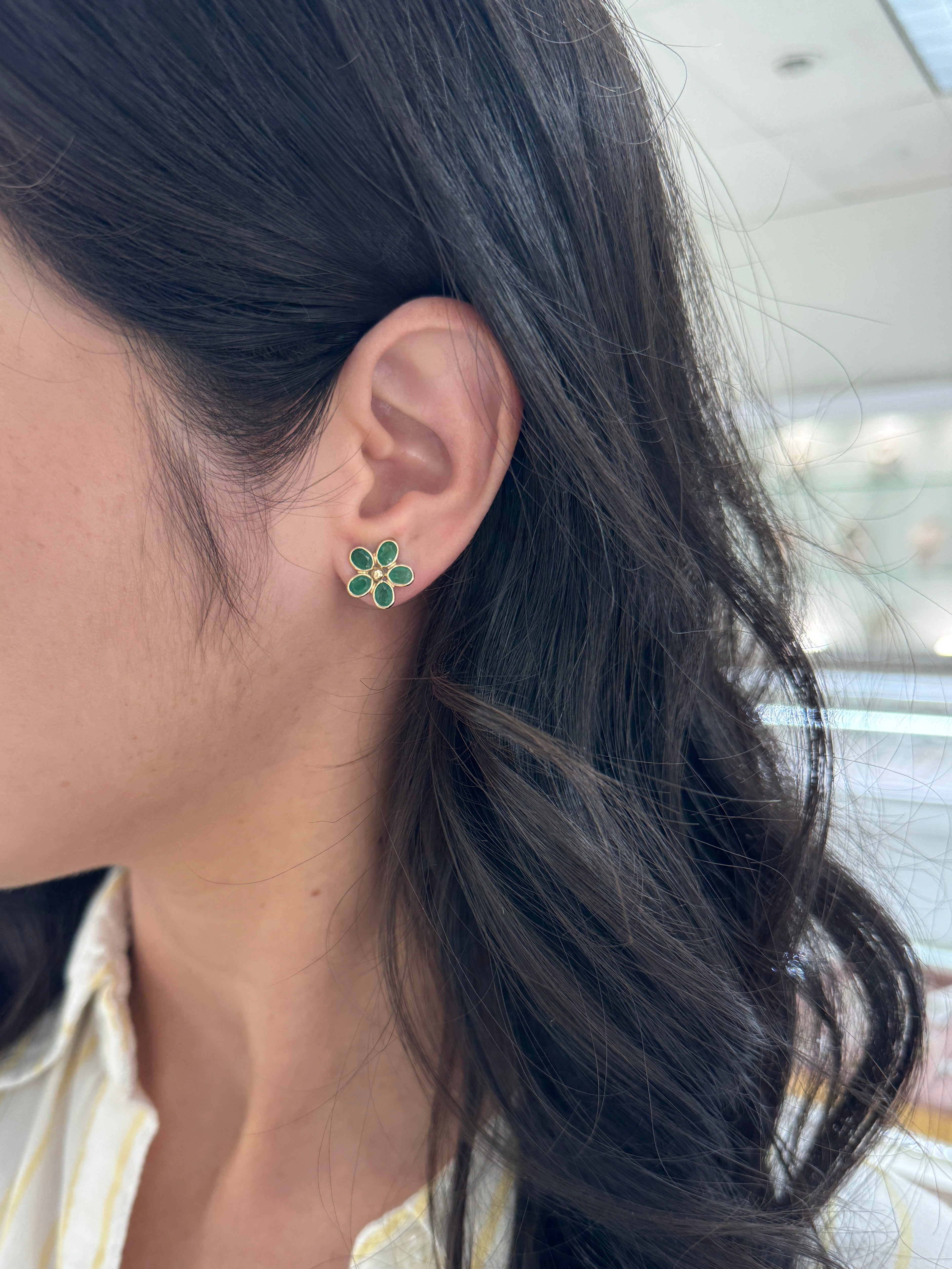 3.14tcw 14K Bezel Set Floral Emerald Stud Earrings