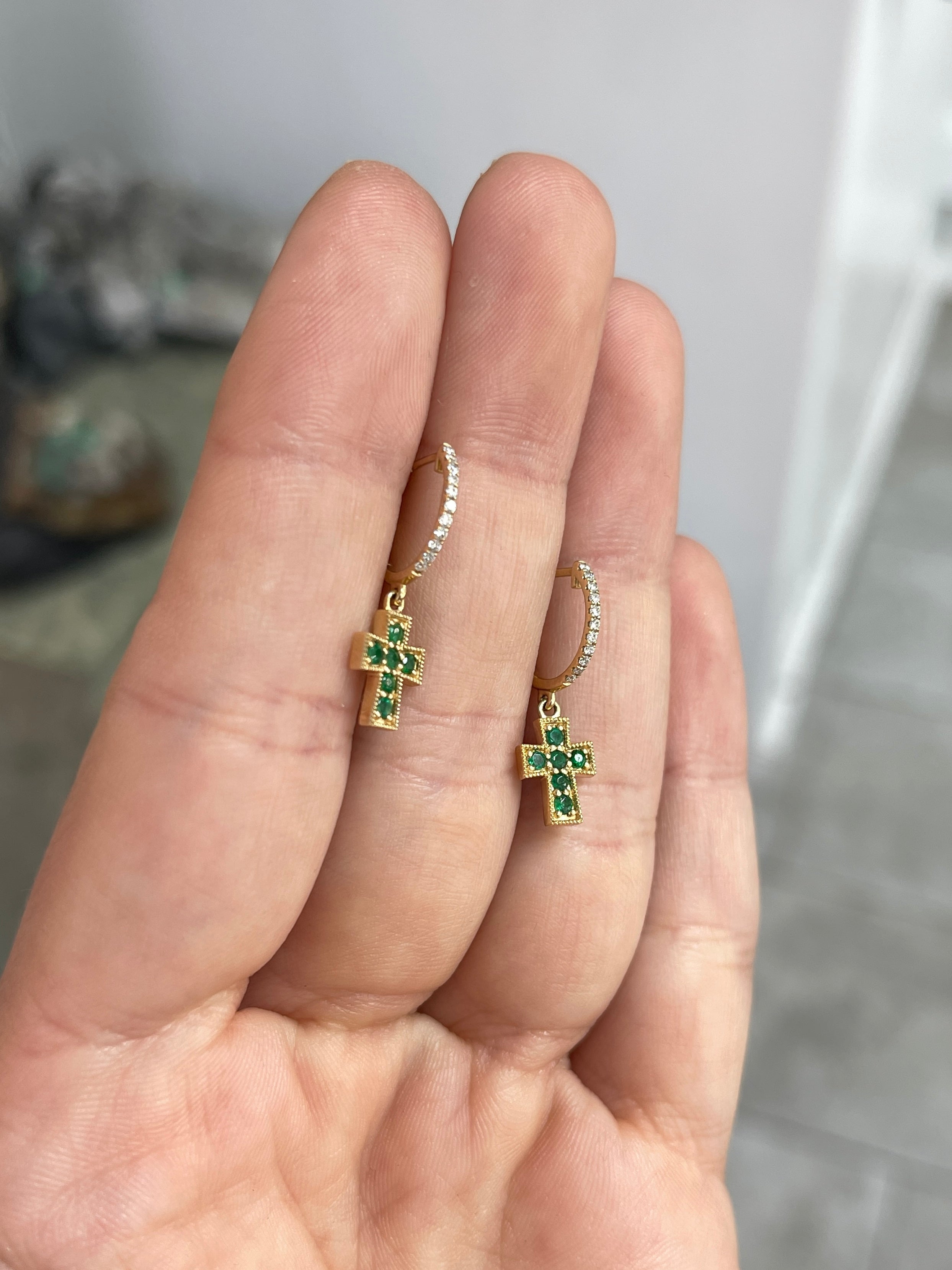 Emerald Cross & Diamond Hoop Earrings 14K