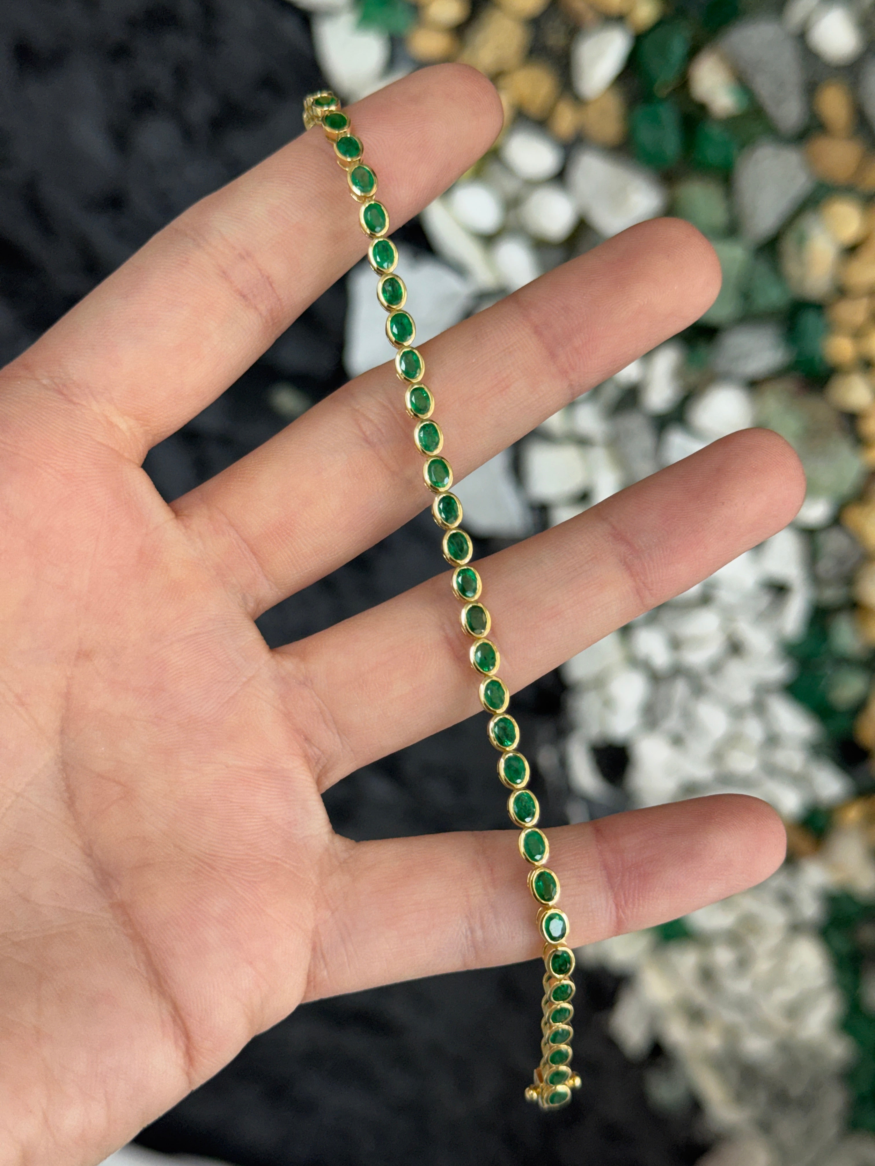 5.74tcw 14K East to West Natural Oval Cut Emerald Bezel Set Tennis Bracelet