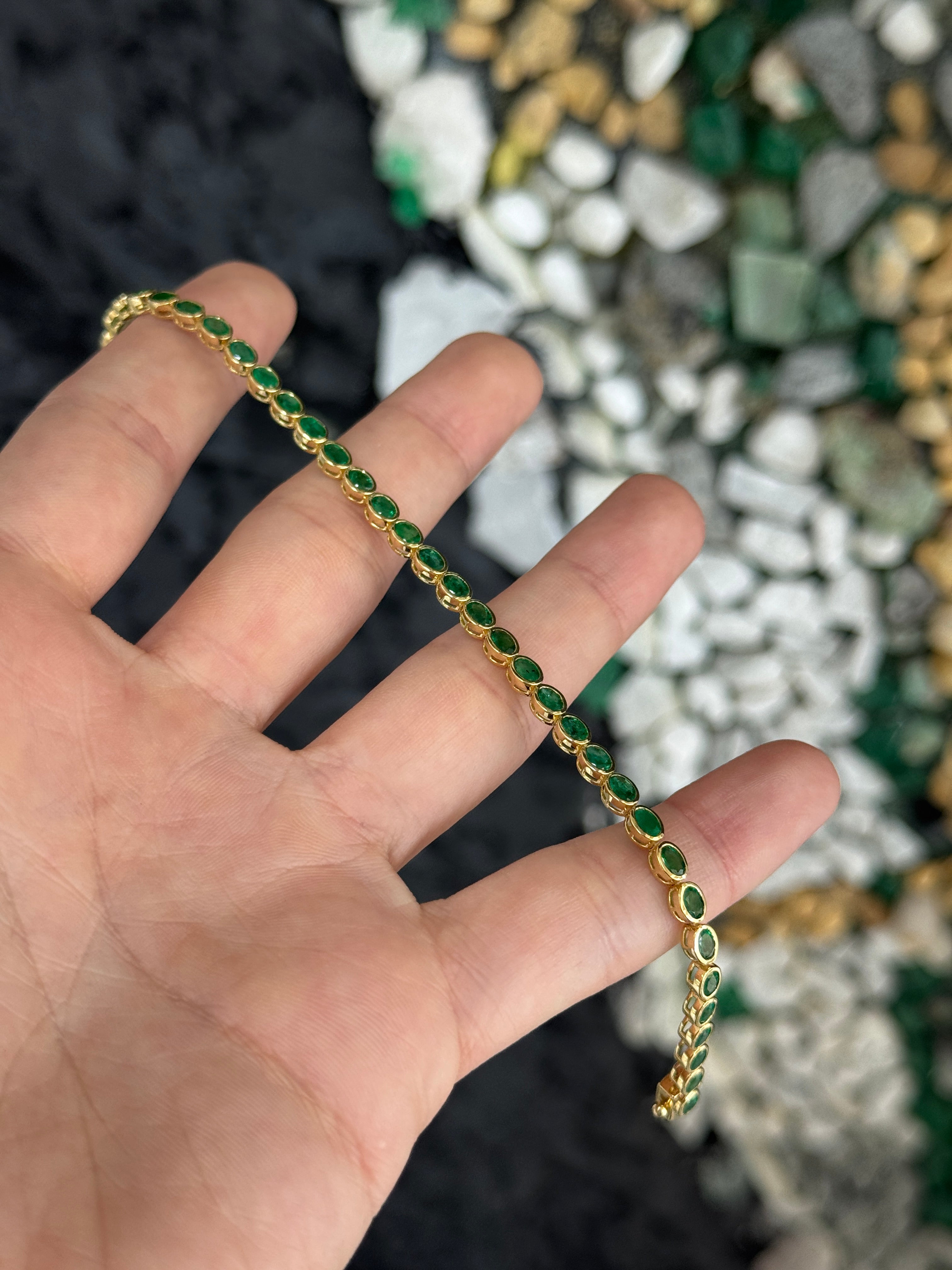 5.74tcw 14K East to West Natural Oval Cut Emerald Bezel Set Tennis Bracelet