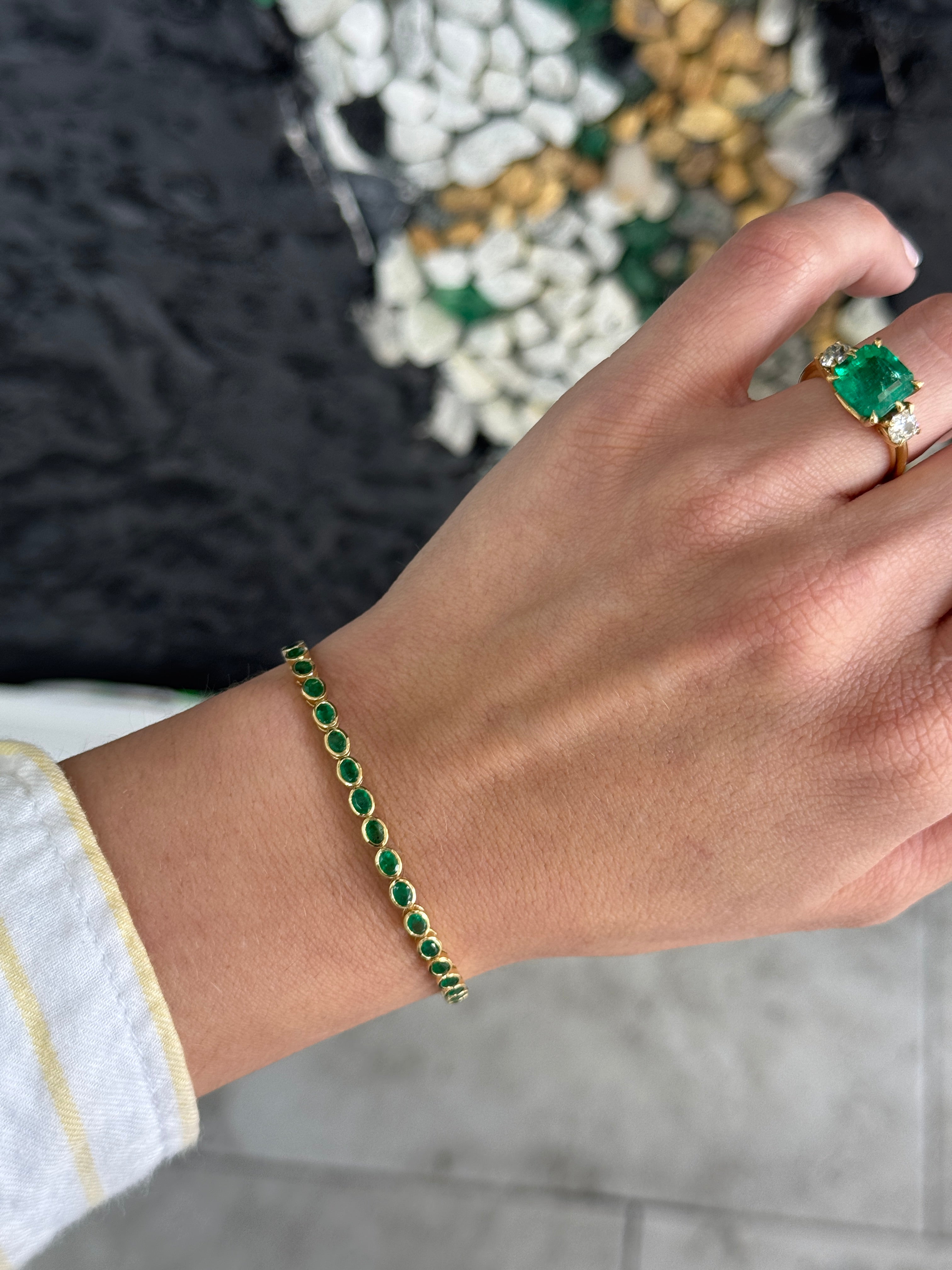 5.74tcw 14K East to West Natural Oval Cut Emerald Bezel Set Tennis Bracelet