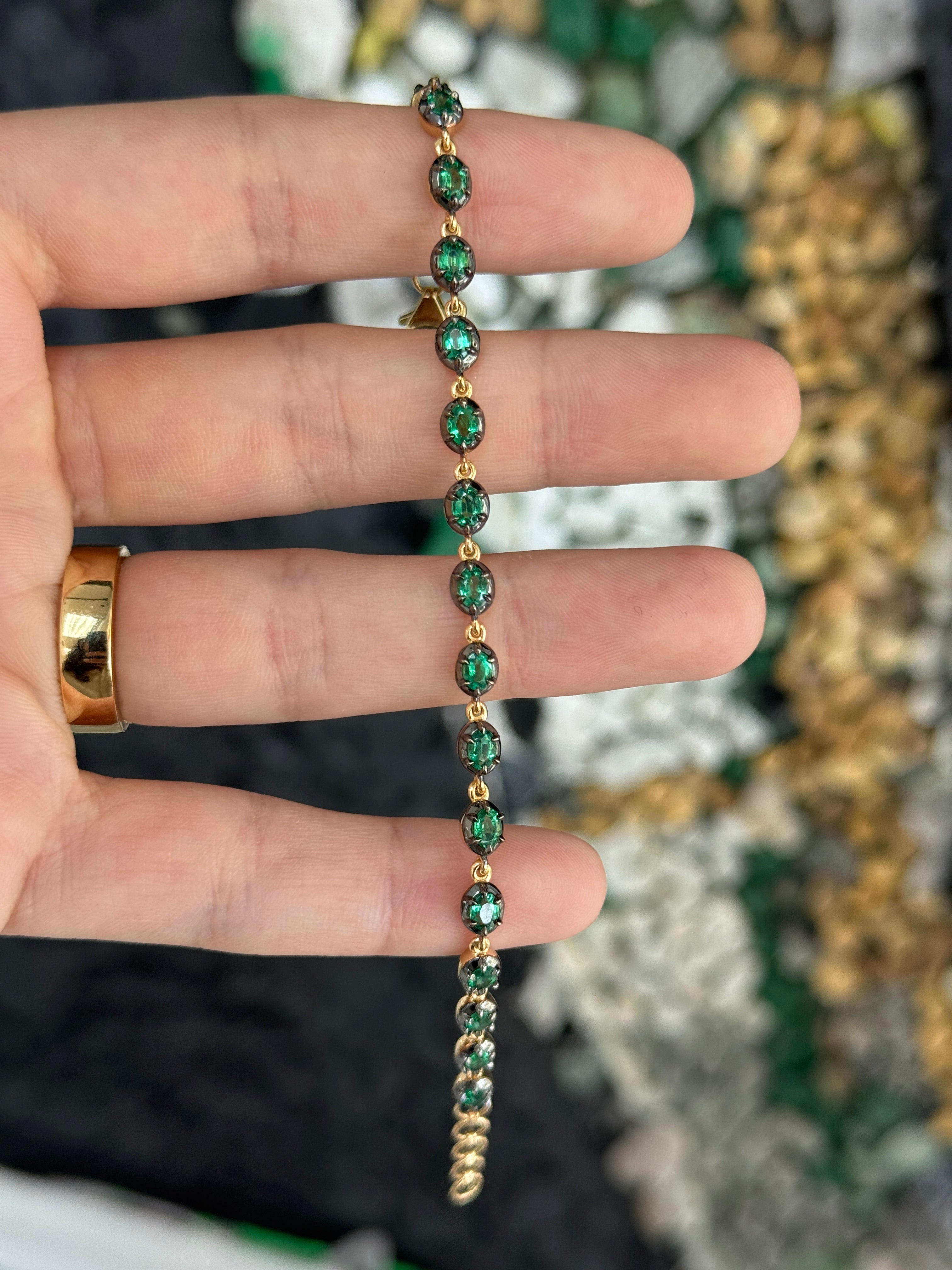 3.22tcw 14K Georgian Style Oval Emerald Tennis Bracelet with Black Rhodium