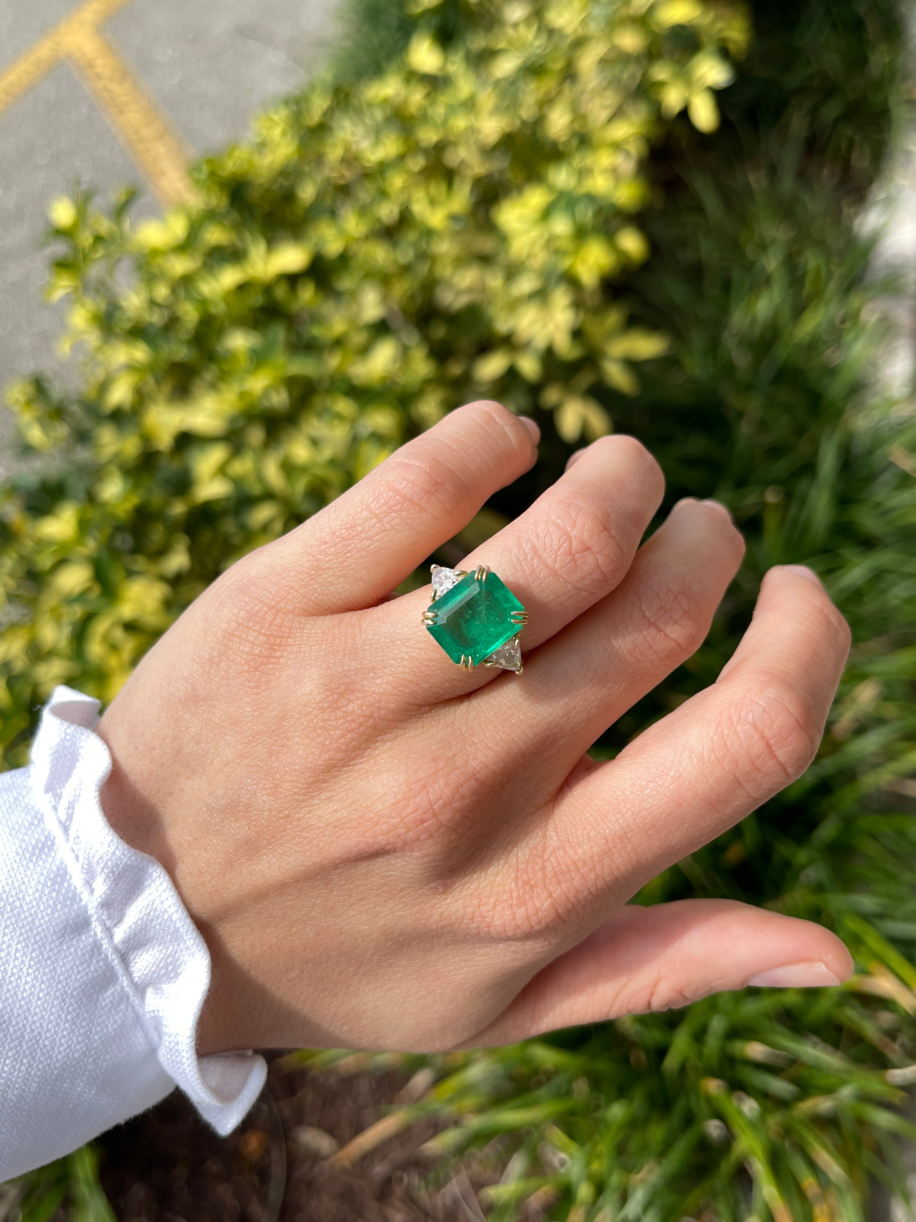7.15tcw Muzo Colombian Emerald & Natural Trillion Diamond Three Stone 18K - JR Colombian Emeralds