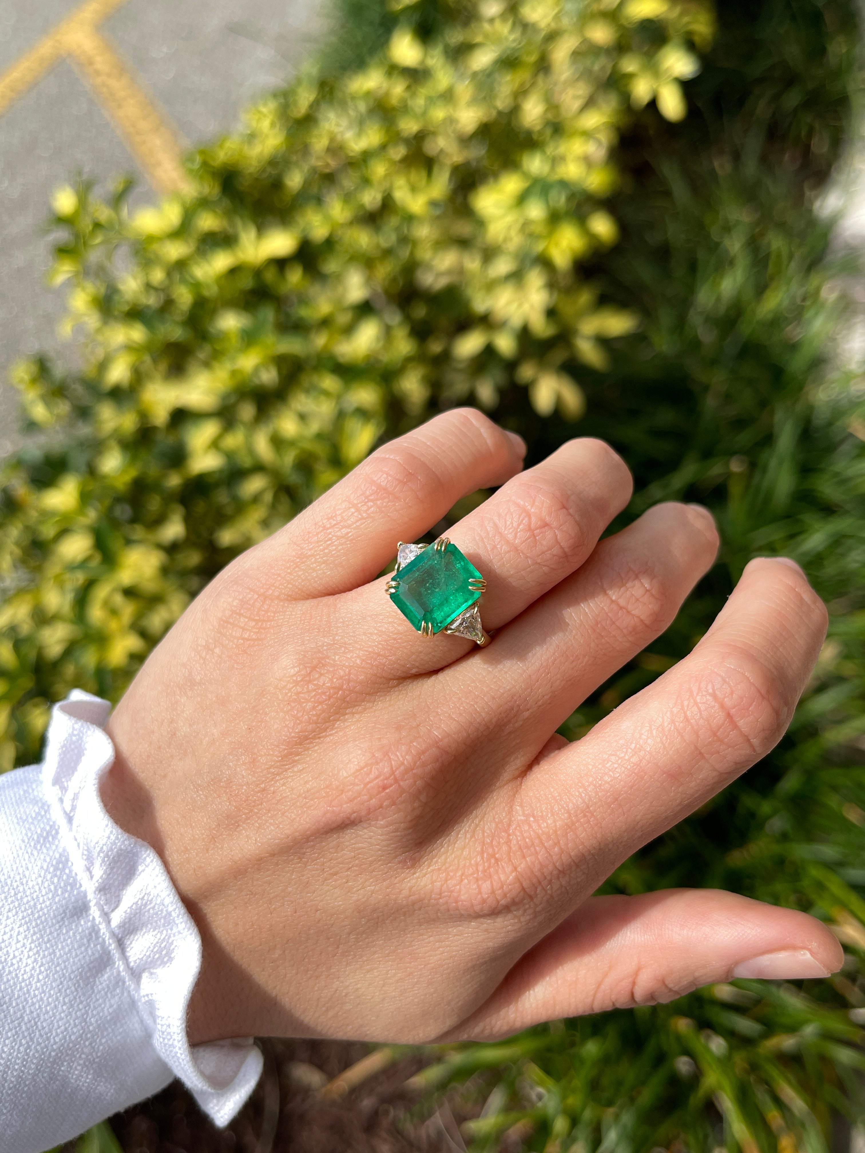 7.15tcw Muzo Colombian Emerald & Natural Trillion Diamond Three Stone 18K - JR Colombian Emeralds