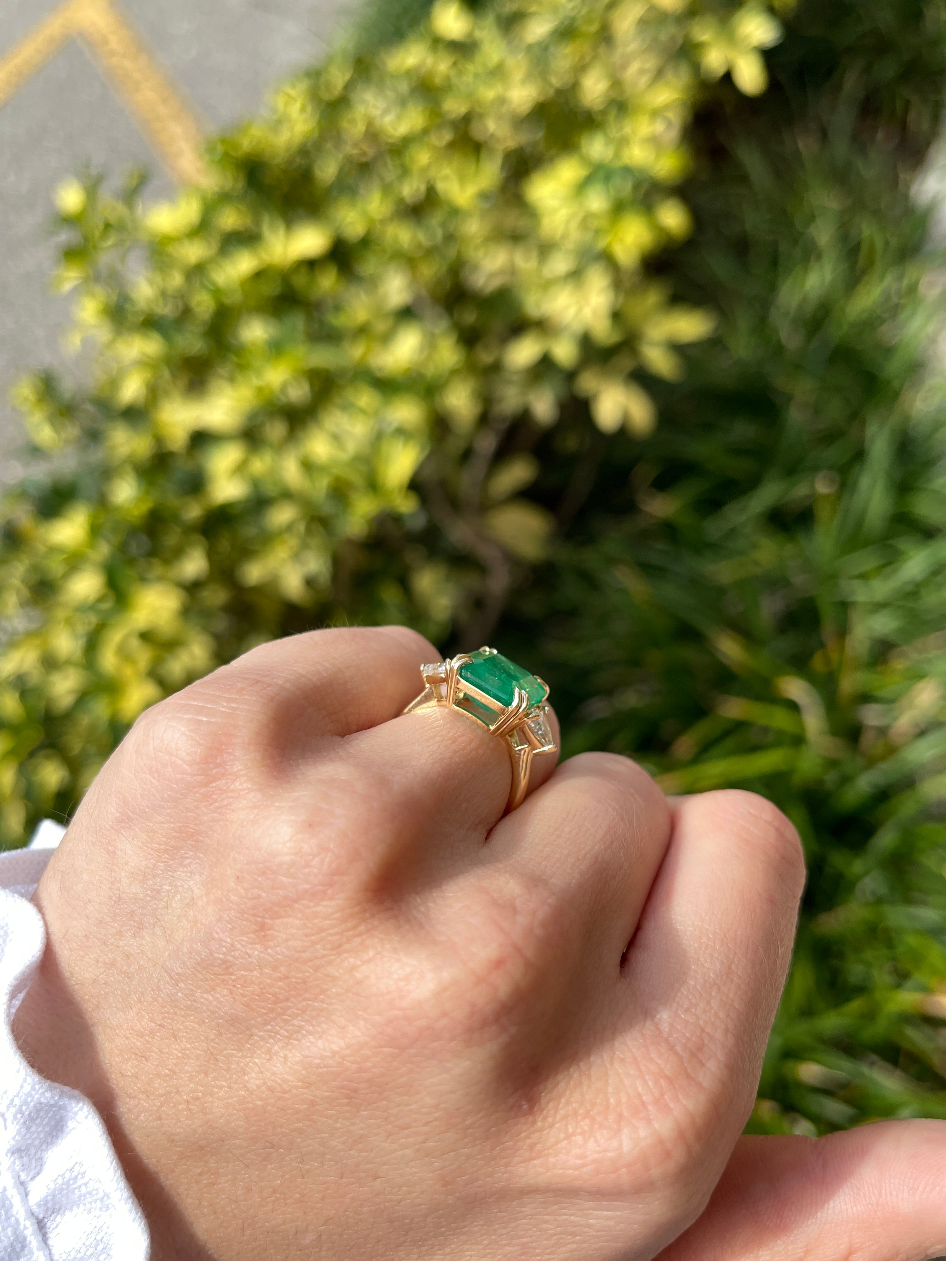 7.15tcw Muzo Colombian Emerald & Natural Trillion Diamond Three Stone 18K - JR Colombian Emeralds