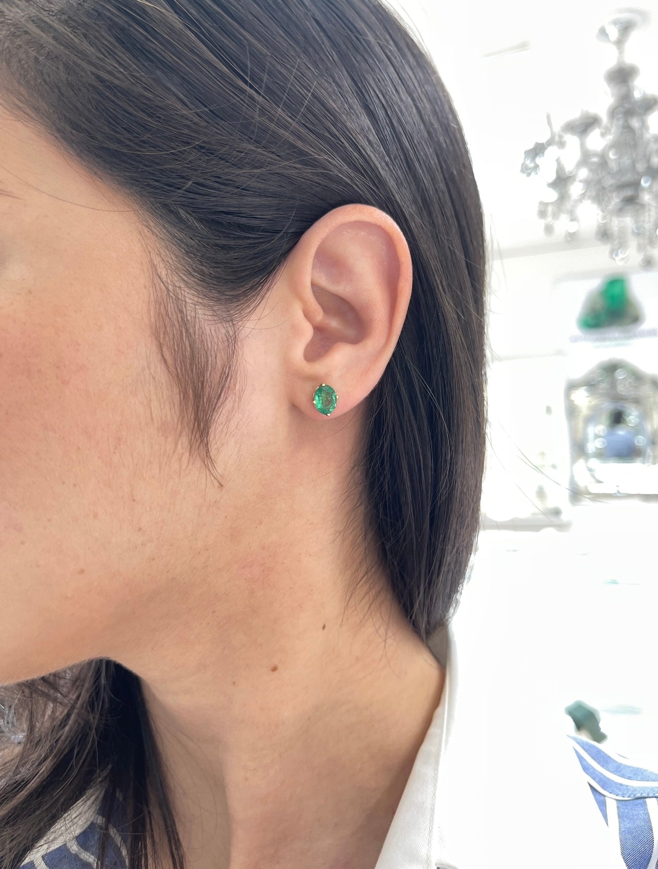 3.10tcw 9x7 Oval Emerald Compass Set Studs 14K