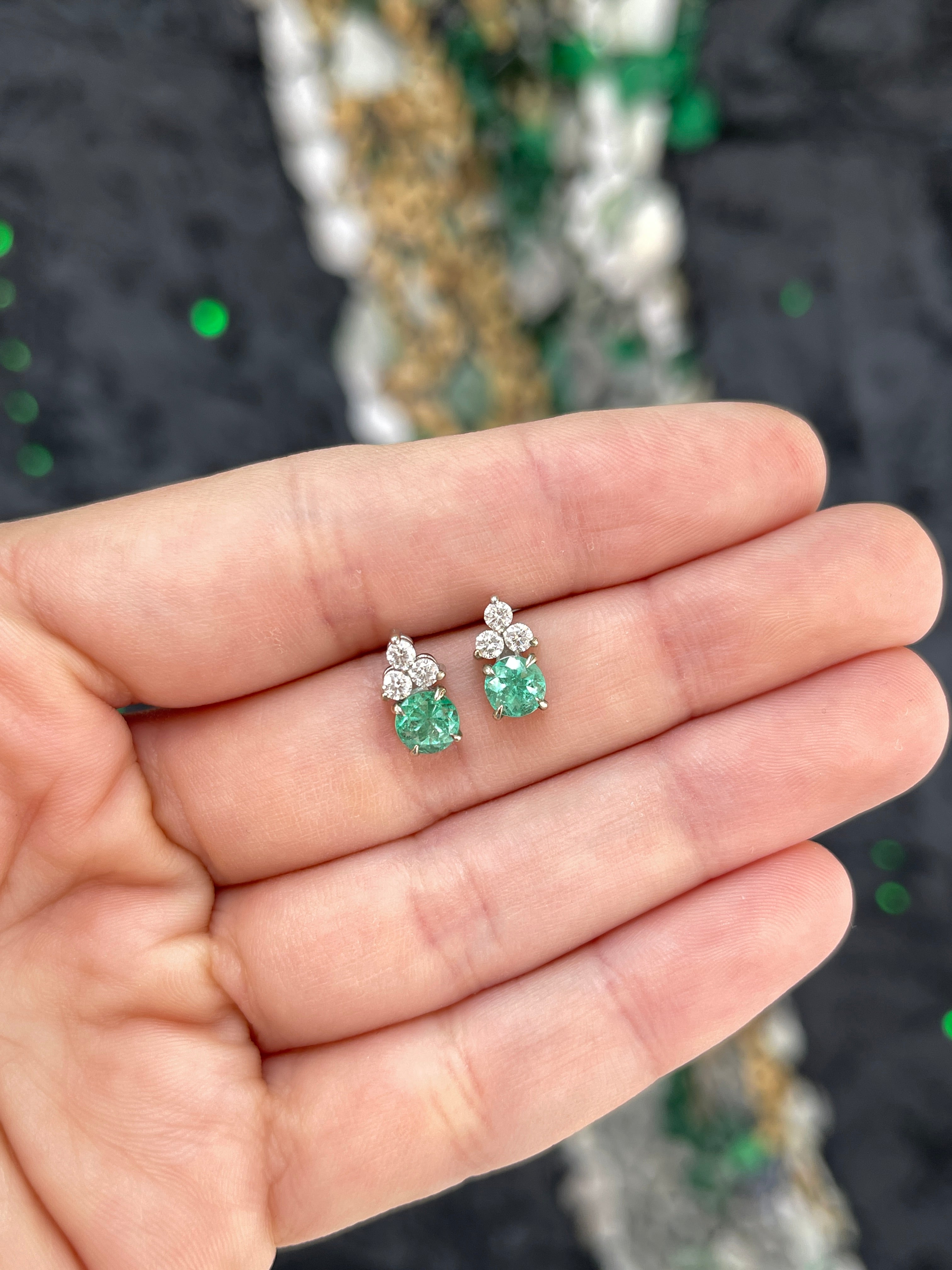 Colombian Emerald & Diamond Trio Stud Earrings in 14K White Gold Natural Green Gemstone Jewelry