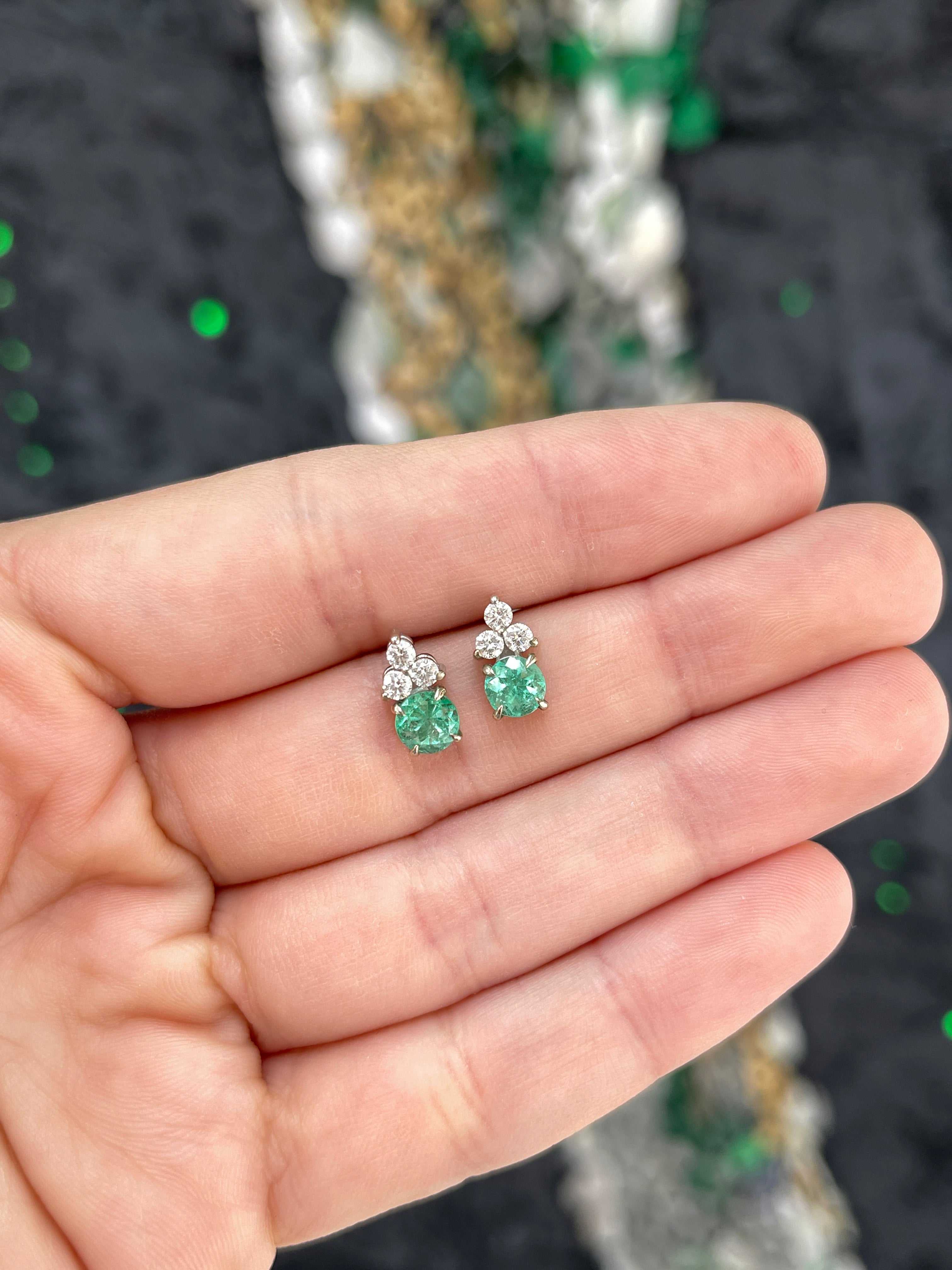 Colombian Emerald & Diamond Trio Stud Earrings in 14K White Gold Natural Green Gemstone Jewelry - JR Colombian Emeralds